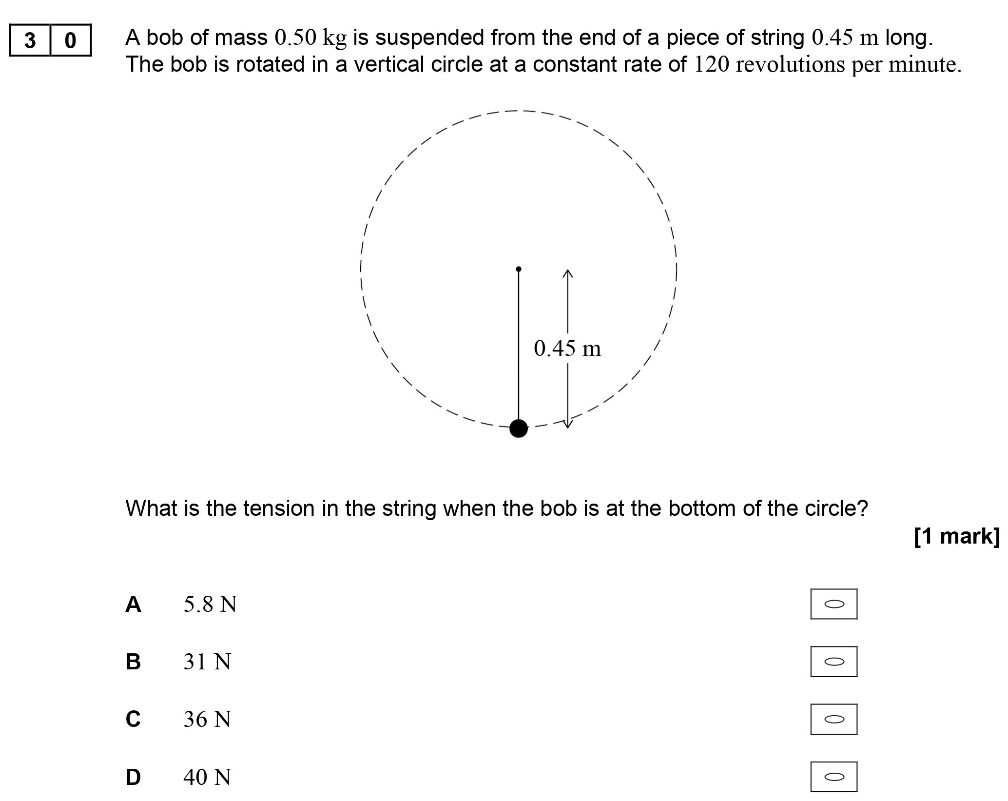 A-bob-of-mass-0.50-kg-is-suspended-from-the-end-of-a-piece-of-string-0.45-m-long-AQA-A-Level Physics-Question 30-2017-Paper 1.png