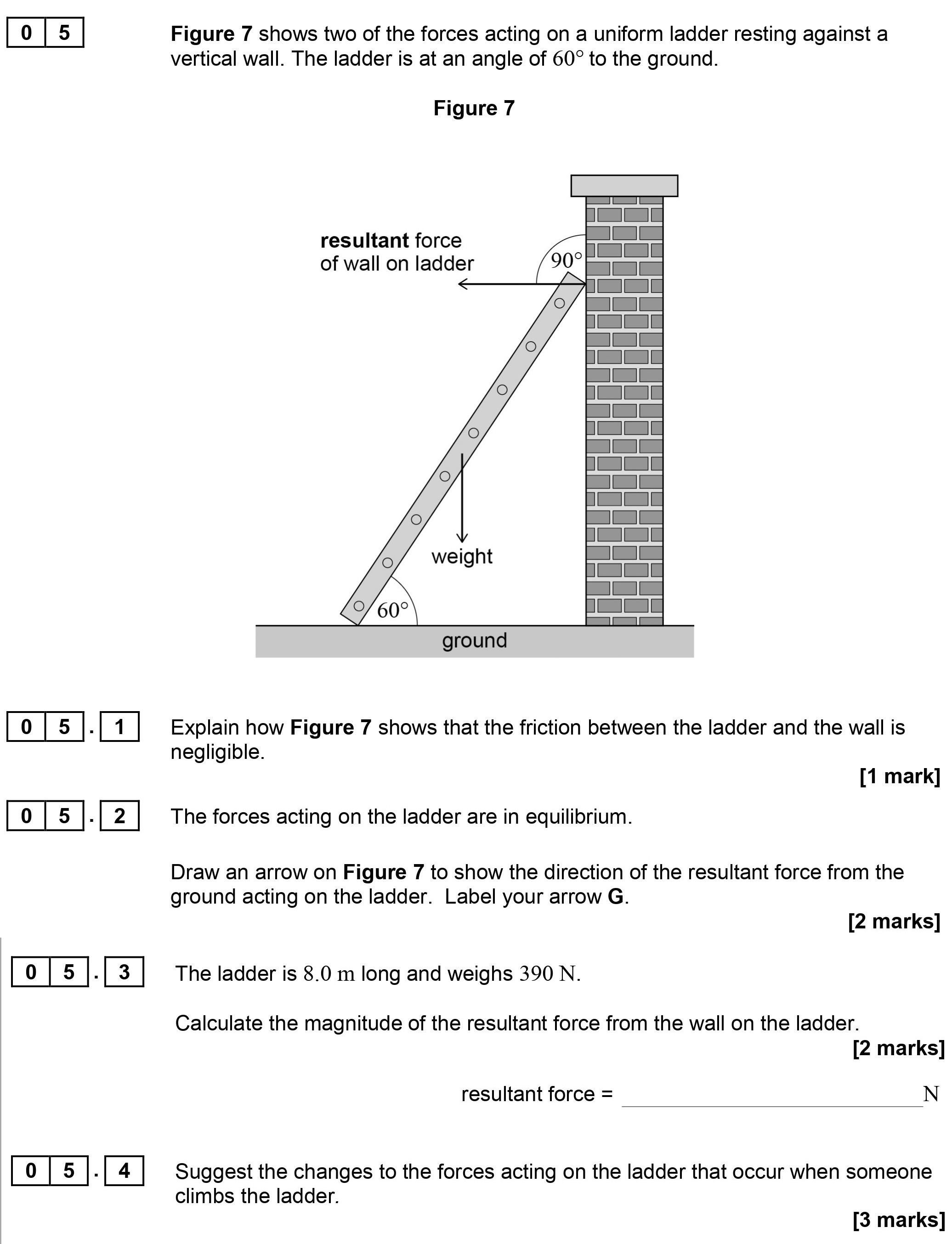 Figure-7-shows-two-of-the-forces-acting-on-a-uniform-ladder-resting-against-a-vertical-wall-AQA-A-Level Physics-Question 5-2017-Paper 1.png