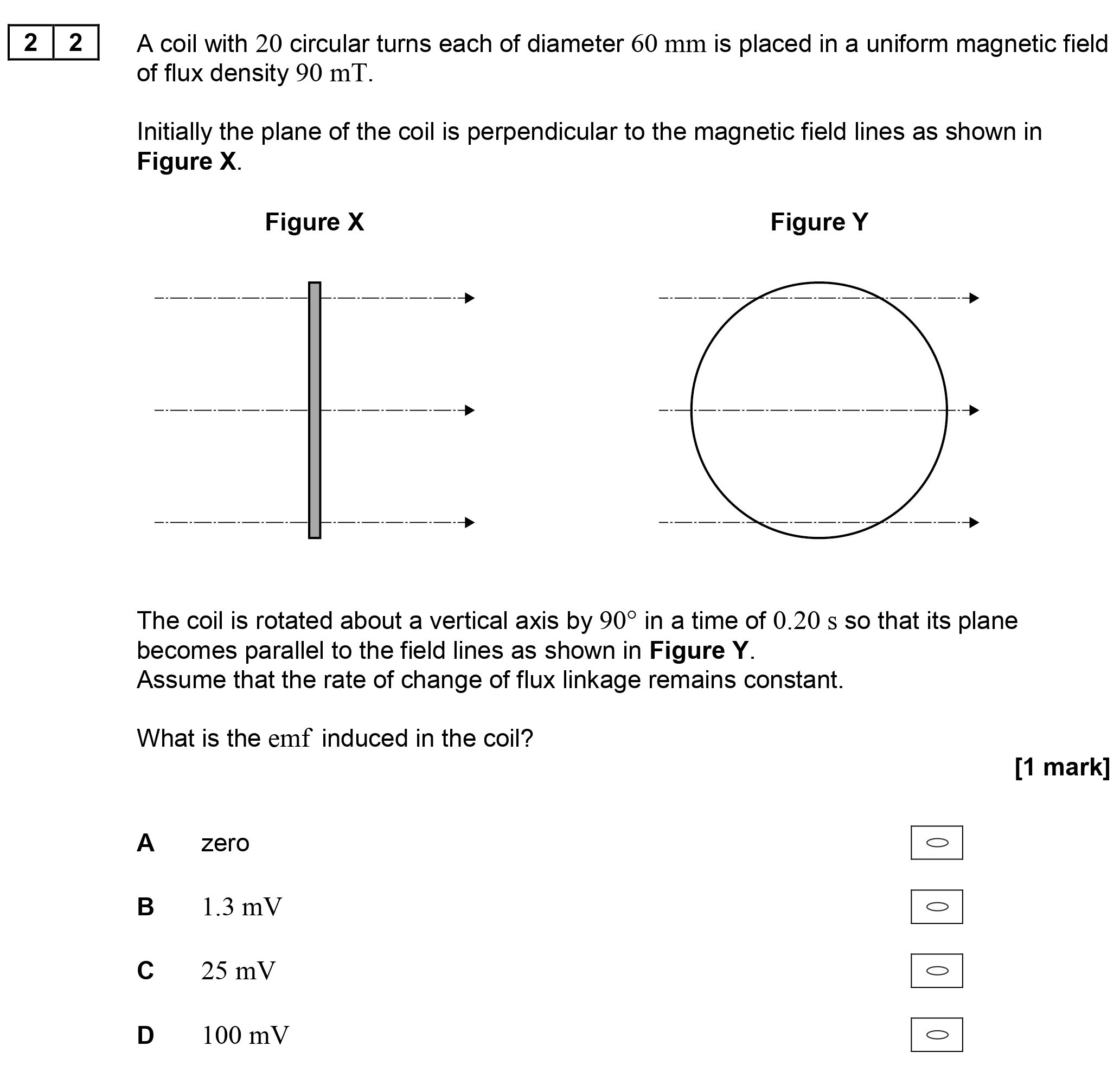A-coil-with-20-circular-turns-each-of-diameter-60-mm-is-placed-in-a-uniform-magnetic-field-of-flux-density-90-mT-AQA-A-Level Physics-Question 22-2017-Paper 2.png