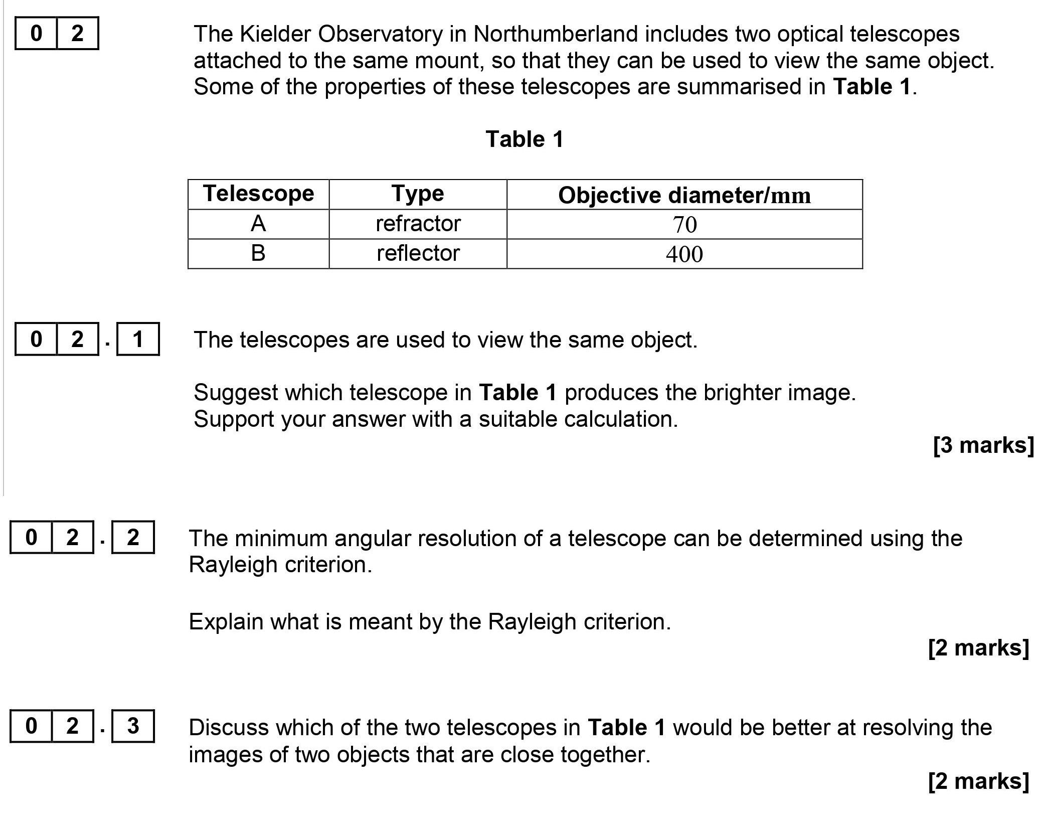 The-Kielder-Observatory-in-Northumberland-includes-two-optical-telescopes-attached-to-the-same-mount,-so-that-they-can-be-used-to-view-the-same-object-AQA-A-Level Physics-Question 2-2017-Paper 4.png