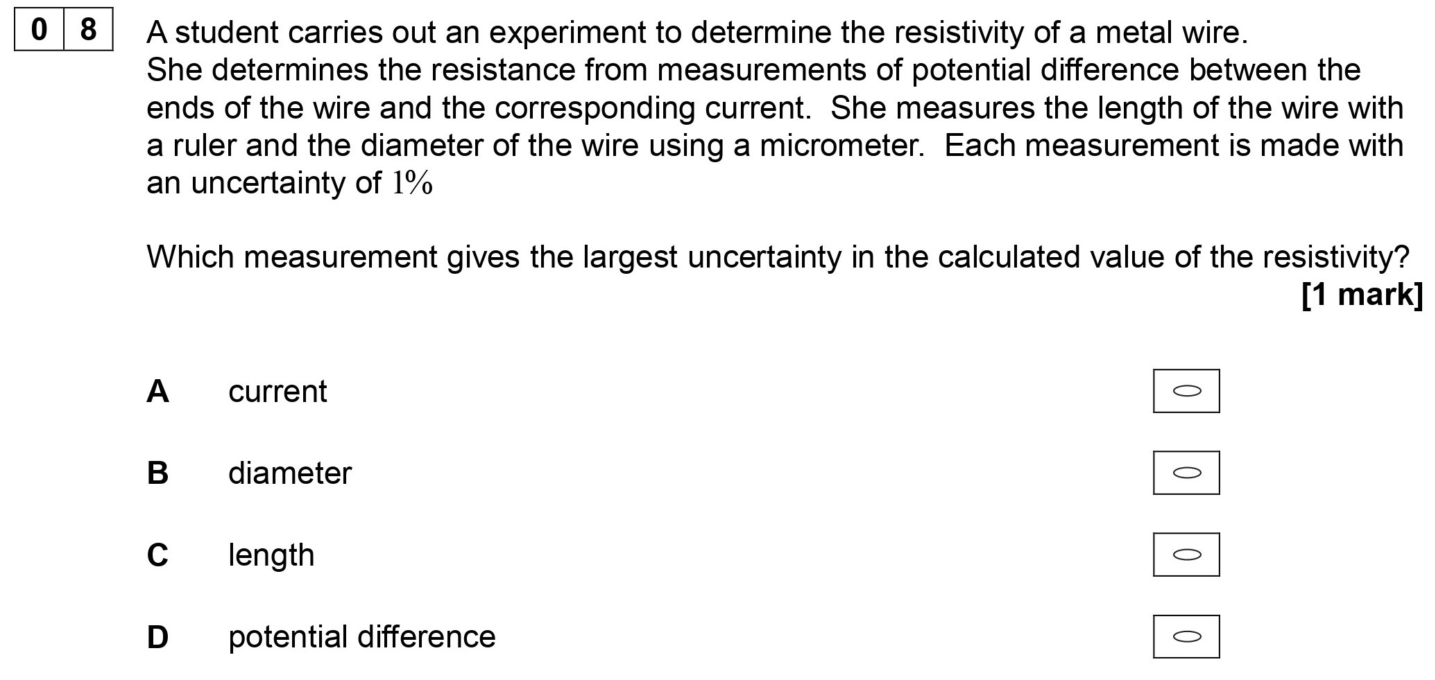 A-student-carries-out-an-experiment-to-determine-the-resistivity-of-a-metal-wire-AQA-A-Level Physics-Question 8-2018-Paper 1.png