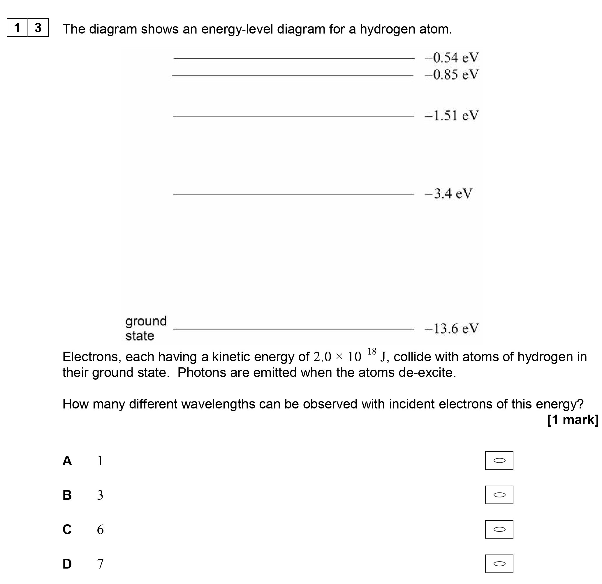 The-diagram-shows-an-energy-level-diagram-for-a-hydrogen-atom-AQA-A-Level Physics-Question 13-2018-Paper 1.png