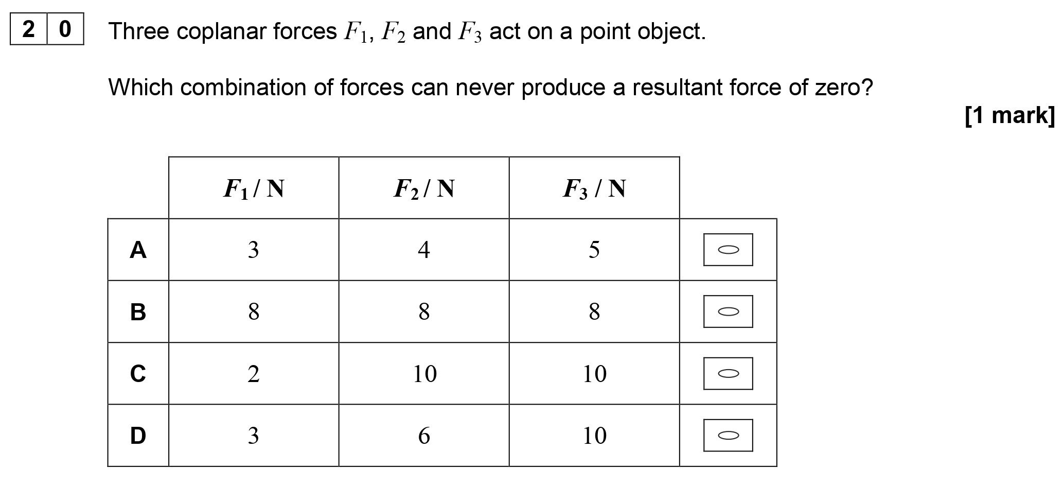 Three-coplanar-forces-$F_1$,-$F_2$-and-$F_3$-act-on-a-point-object-AQA-A-Level Physics-Question 20-2018-Paper 1.png
