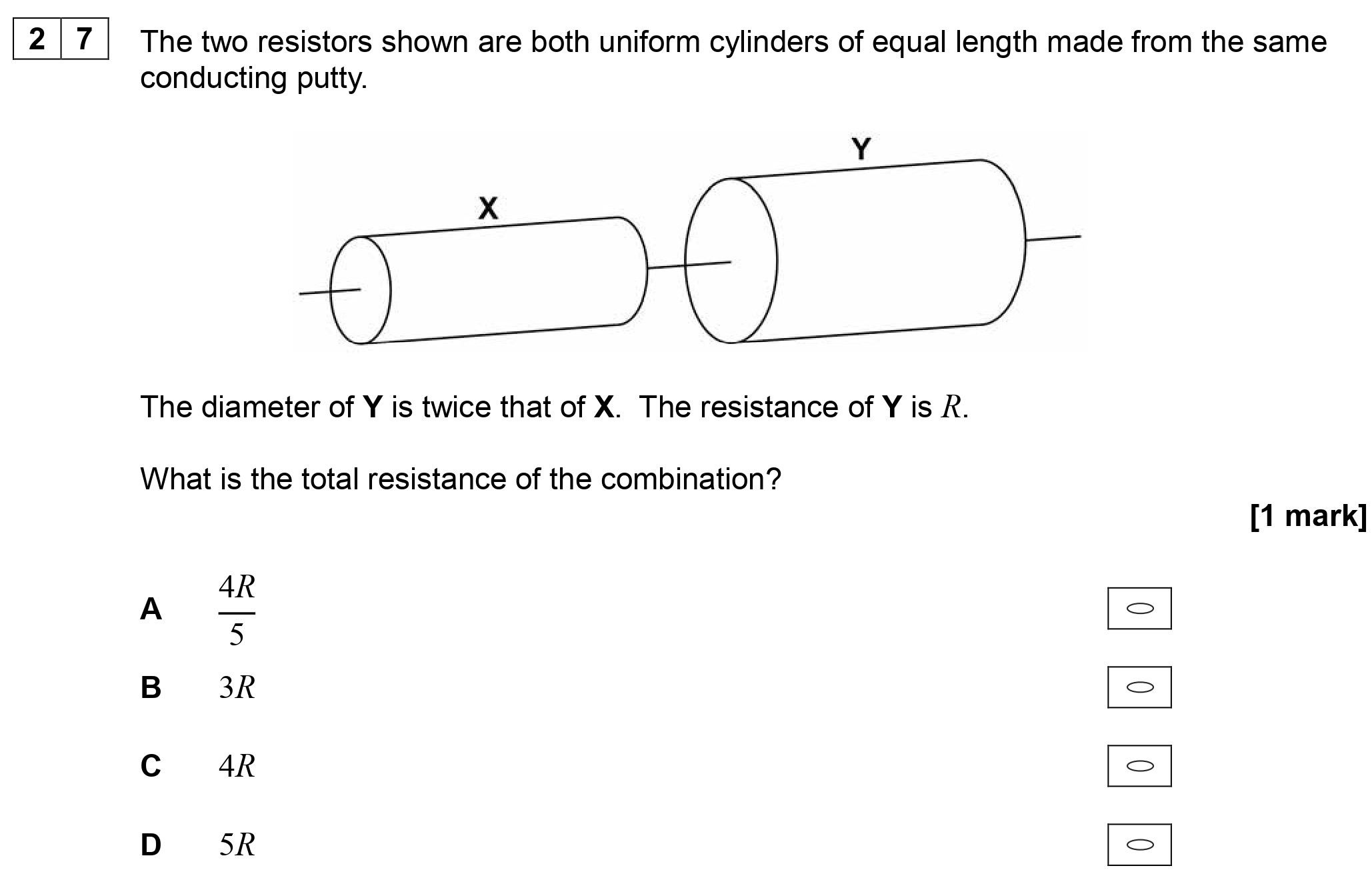 The-two-resistors-shown-are-both-uniform-cylinders-of-equal-length-made-from-the-same-conducting-putty-AQA-A-Level Physics-Question 27-2018-Paper 1.png