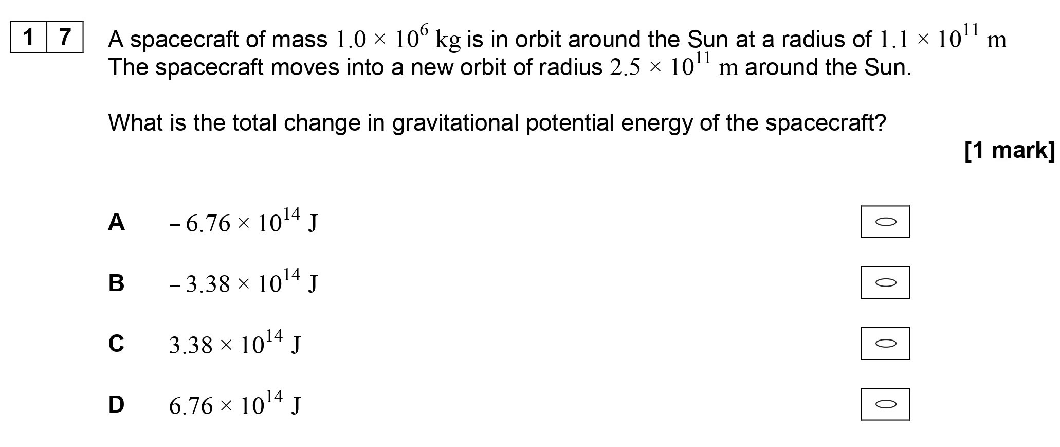 A-spacecraft-of-mass-$1.0-\times-10^6$-kg-is-in-orbit-around-the-Sun-at-a-radius-of-$1.1-\times-10^{11}$-m-AQA-A-Level Physics-Question 17-2018-Paper 2.png