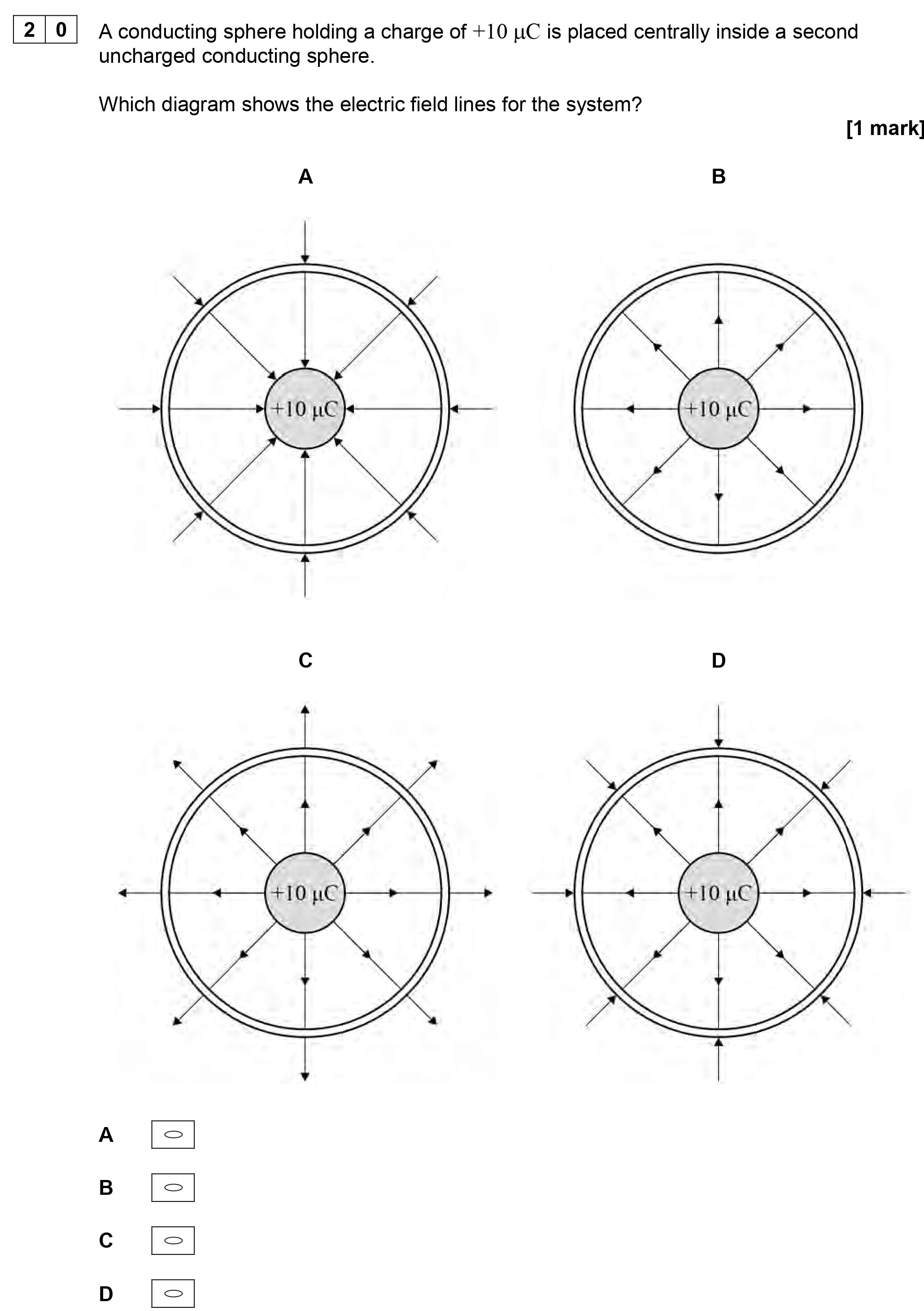 A-conducting-sphere-holding-a-charge-of-+10-μC-is-placed-centrally-inside-a-second-uncharged-conducting-sphere-AQA-A-Level Physics-Question 20-2018-Paper 2.png
