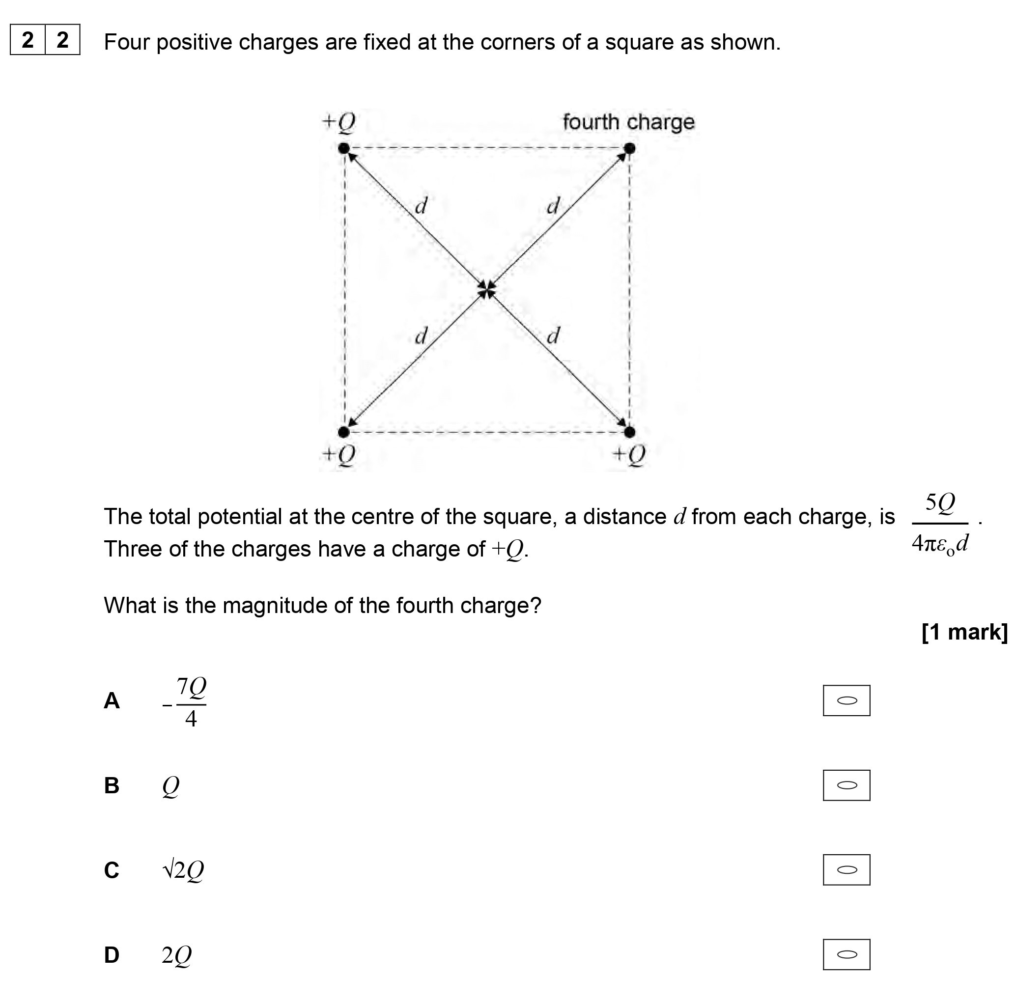 Four-positive-charges-are-fixed-at-the-corners-of-a-square-as-shown-AQA-A-Level Physics-Question 22-2018-Paper 2.png