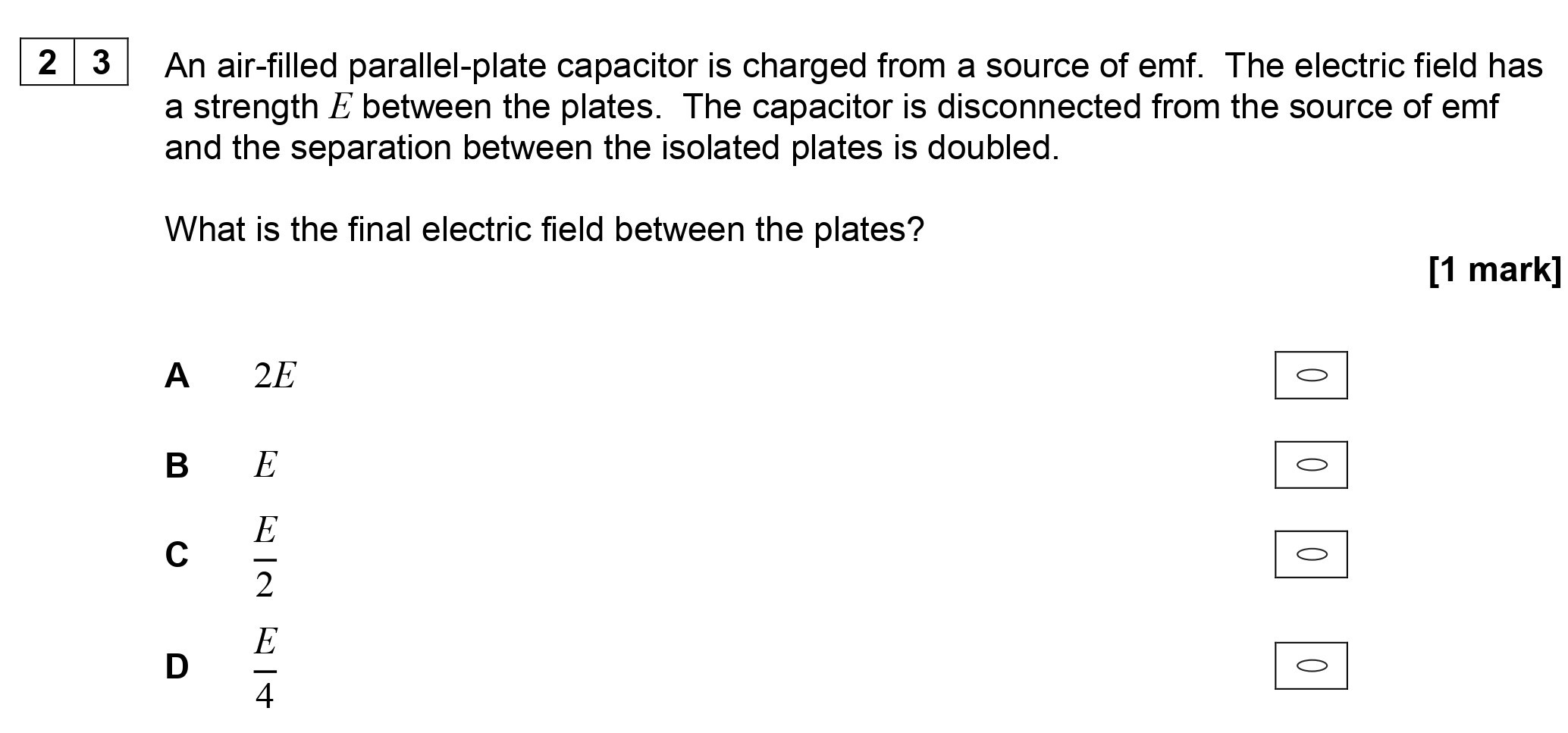 An-air-filled-parallel-plate-capacitor-is-charged-from-a-source-of-emf-AQA-A-Level Physics-Question 23-2018-Paper 2.png