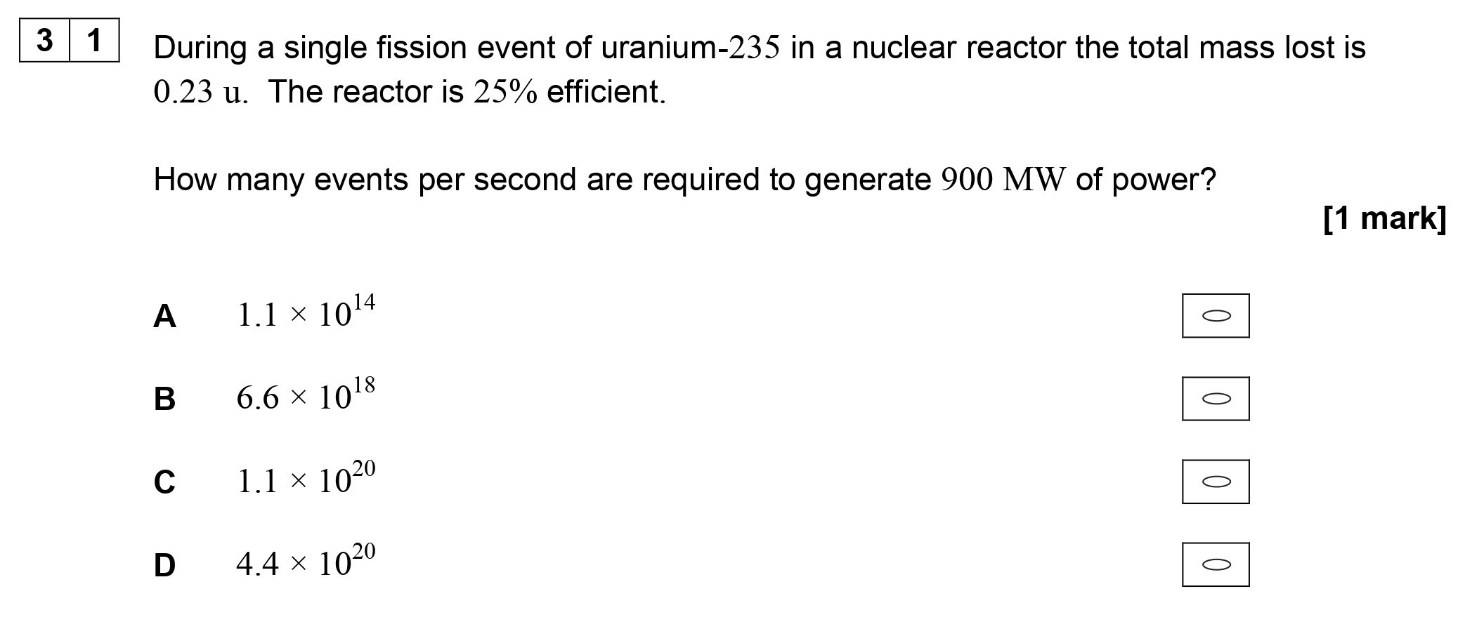 During-a-single-fission-event-of-uranium-235-in-a-nuclear-reactor-the-total-mass-lost-is-0.23-u-AQA-A-Level Physics-Question 31-2018-Paper 2.png