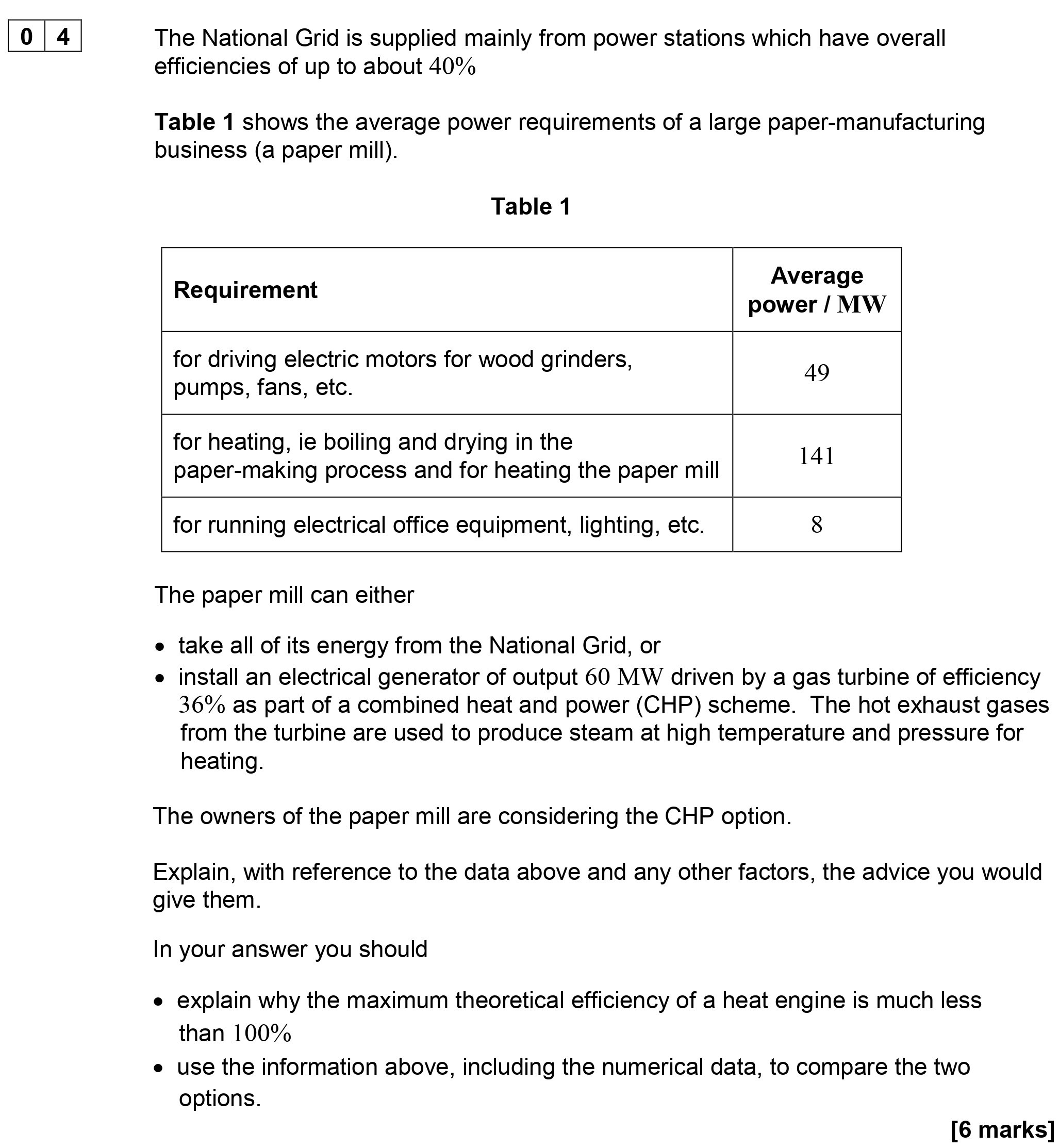The-National-Grid-is-supplied-mainly-from-power-stations-which-have-overall-efficiencies-of-up-to-about-40%--Table-1-shows-the-average-power-requirements-of-a-large-paper-manufacturing-business-(a-paper-mill)-AQA-A-Level Physics-Question 4-2018-Paper 6.png