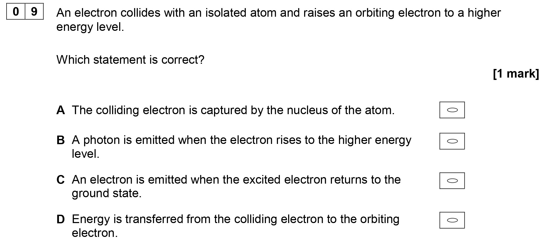 An-electron-collides-with-an-isolated-atom-and-raises-an-orbiting-electron-to-a-higher-energy-level-AQA-A-Level Physics-Question 9-2019-Paper 1.png