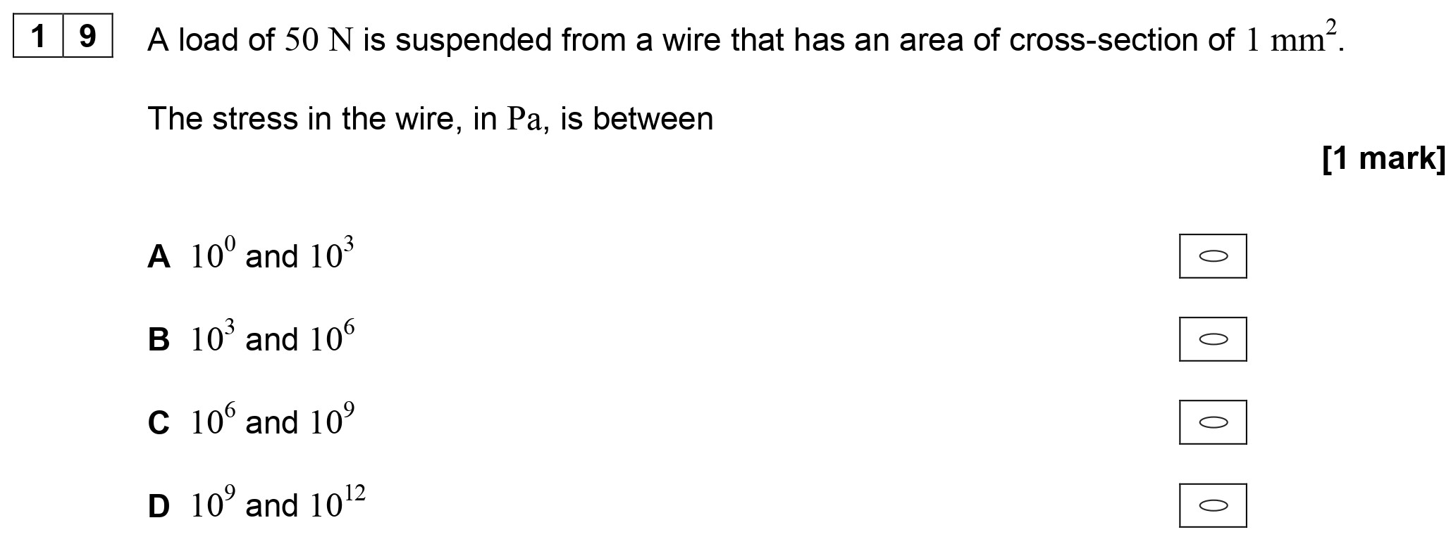 A-load-of-50-N-is-suspended-from-a-wire-that-has-an-area-of-cross-section-of-1-mm²-AQA-A-Level Physics-Question 19-2019-Paper 1.png