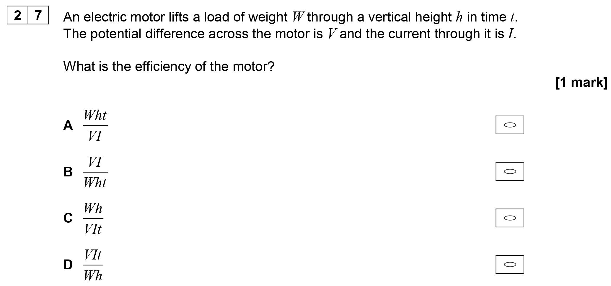 An-electric-motor-lifts-a-load-of-weight-$W$-through-a-vertical-height-$h$-in-time-$t$-AQA-A-Level Physics-Question 27-2019-Paper 1.png