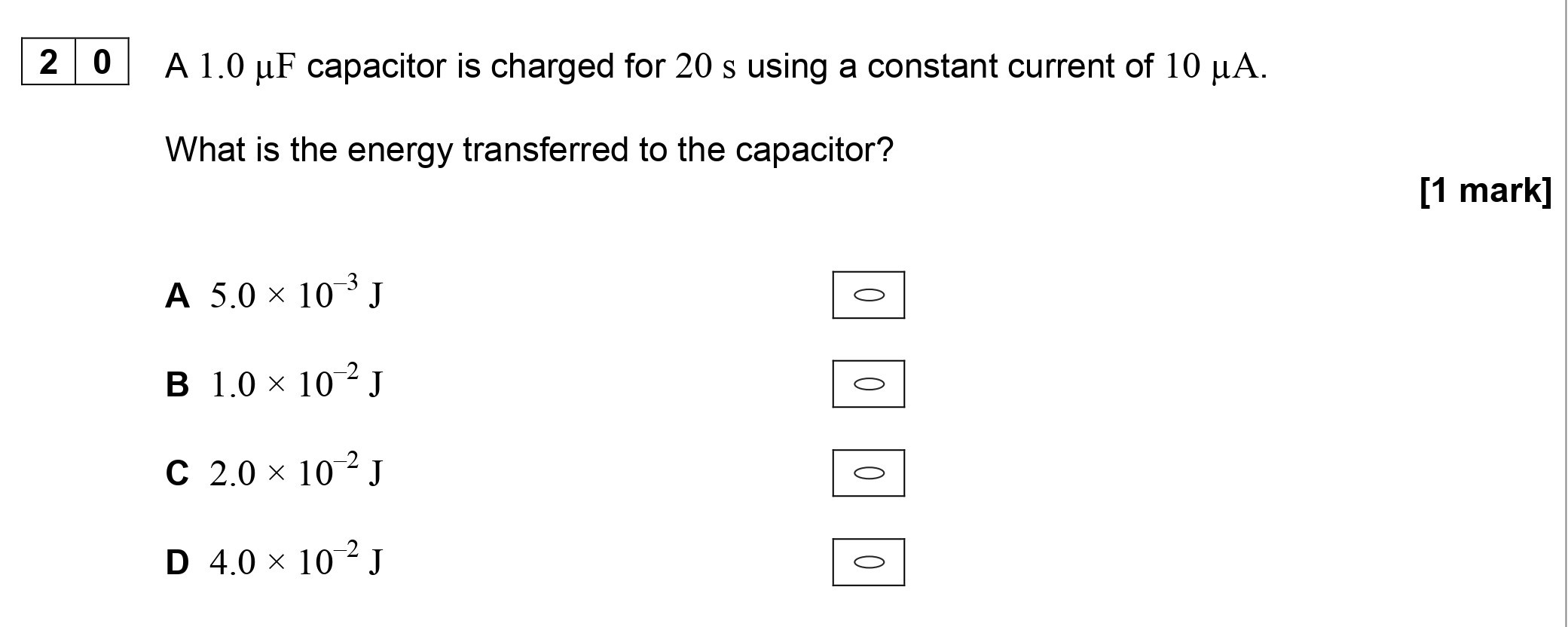 A-1.0-µF-capacitor-is-charged-for-20-s-using-a-constant-current-of-10-µA-AQA-A-Level Physics-Question 20-2019-Paper 2.png