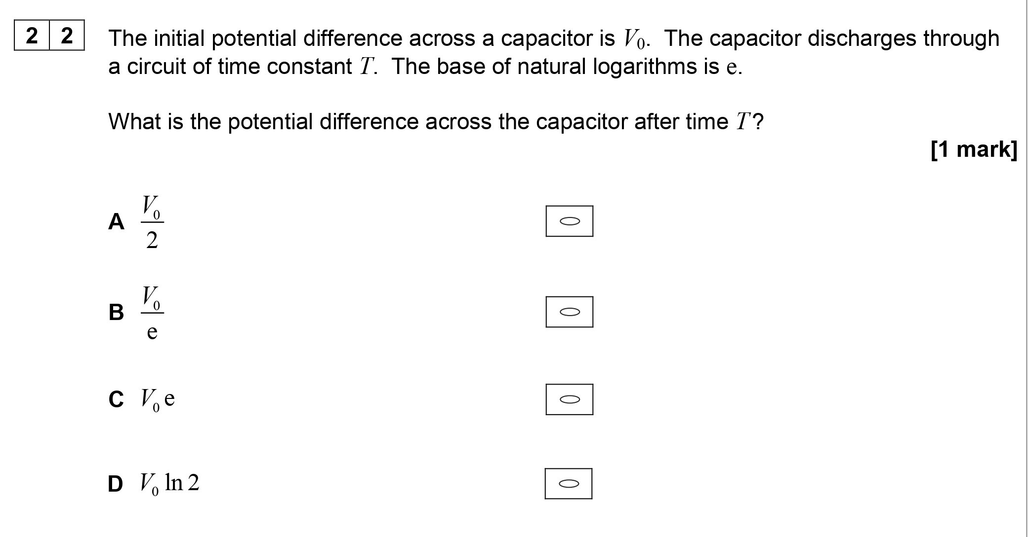 The-initial-potential-difference-across-a-capacitor-is-$V_0$-AQA-A-Level Physics-Question 22-2019-Paper 2.png