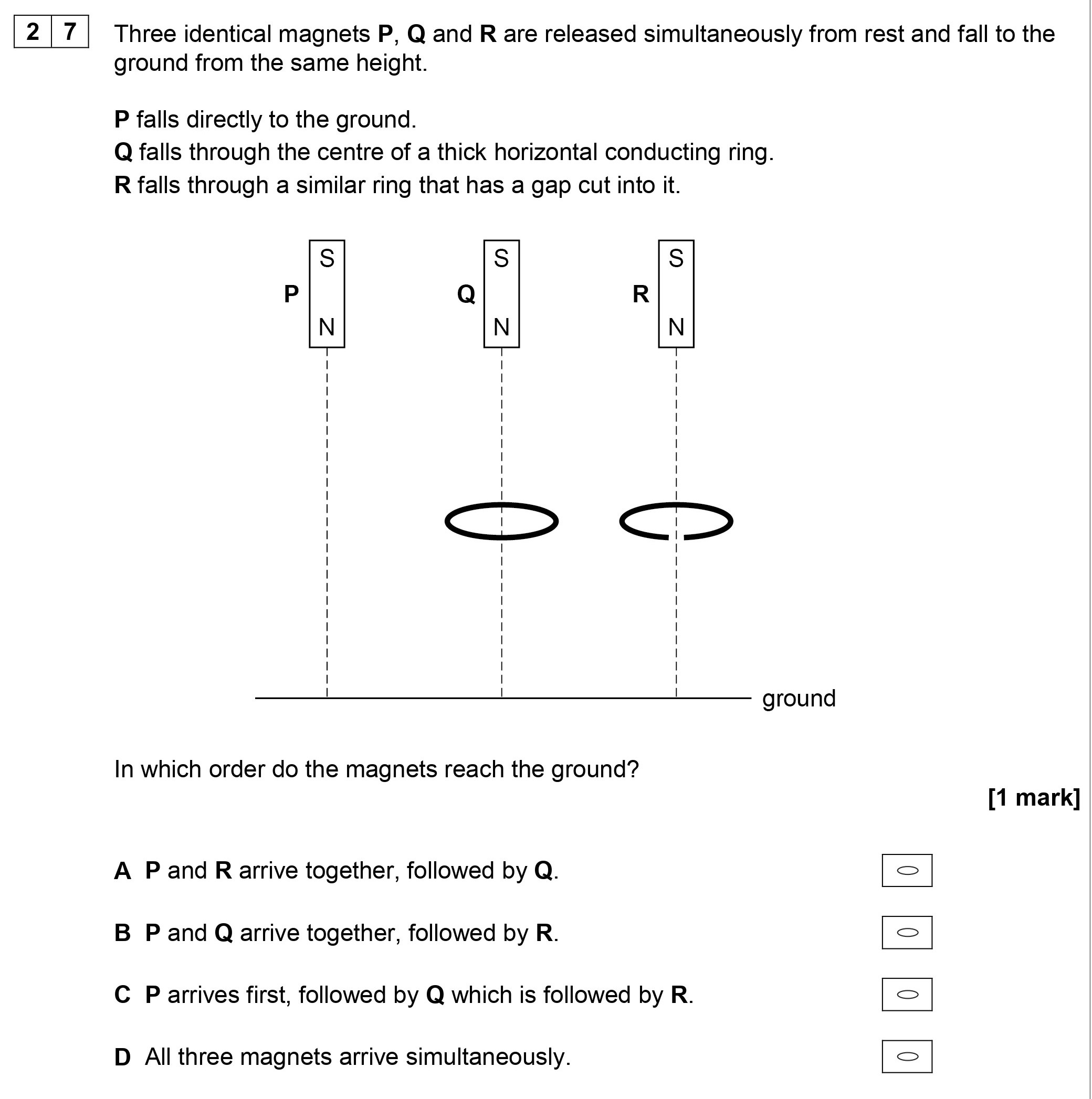 Three-identical-magnets-P,-Q-and-R-are-released-simultaneously-from-rest-and-fall-to-the-ground-from-the-same-height-AQA-A-Level Physics-Question 27-2019-Paper 2.png