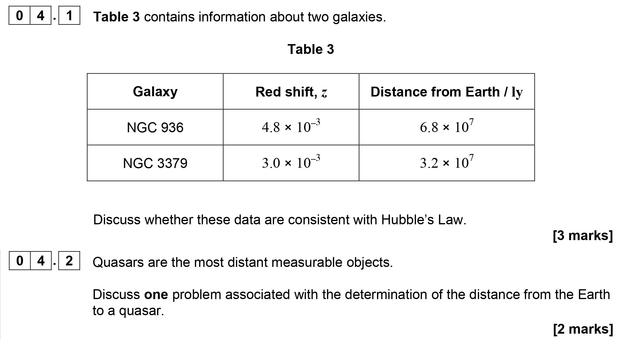 Table-3-contains-information-about-two-galaxies-AQA-A-Level Physics-Question 4-2019-Paper 4.png