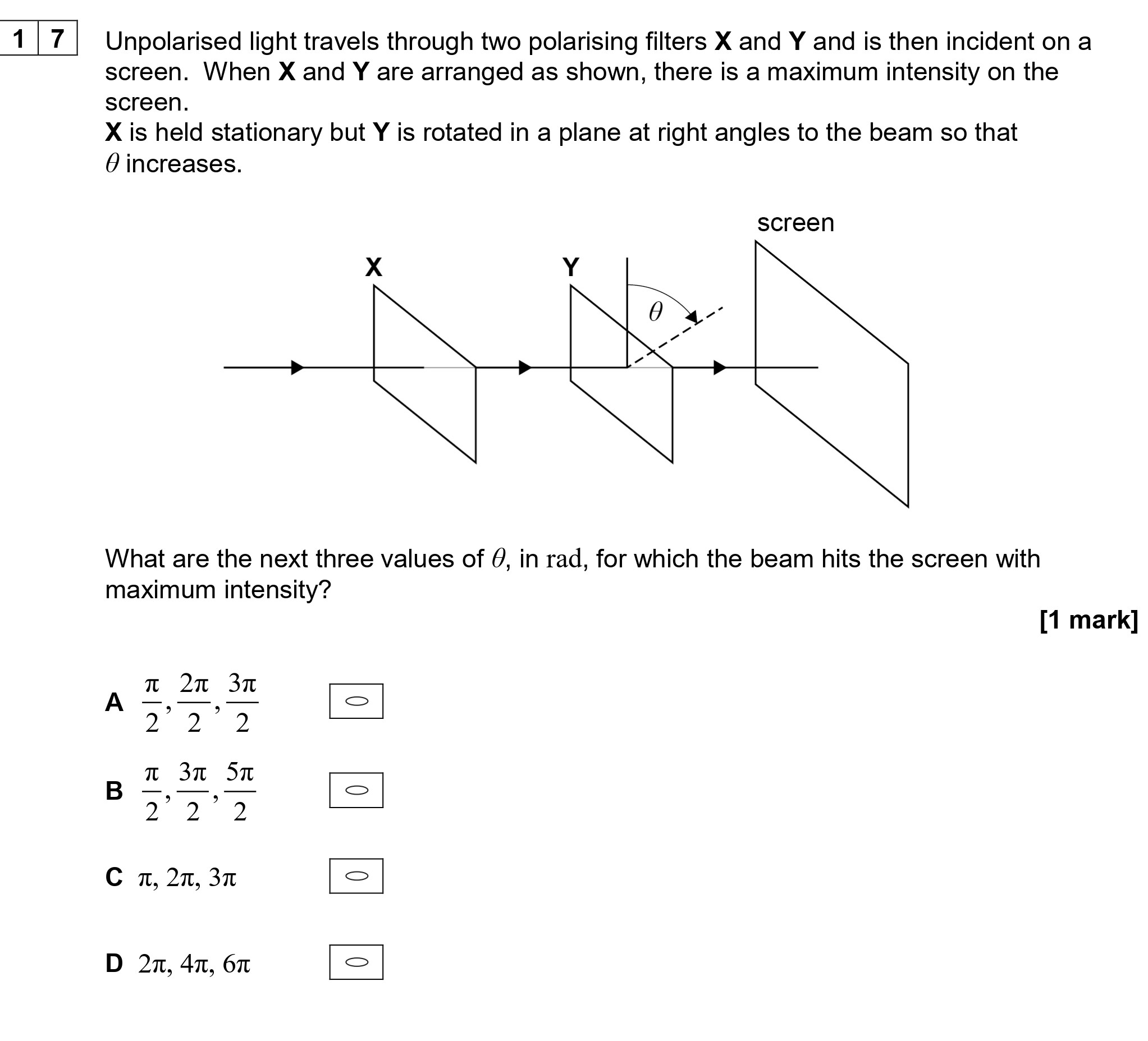 Unpolarised-light-travels-through-two-polarising-filters-X-and-Y-and-is-then-incident-on-a-screen-AQA-A-Level Physics-Question 17-2020-Paper 1.png