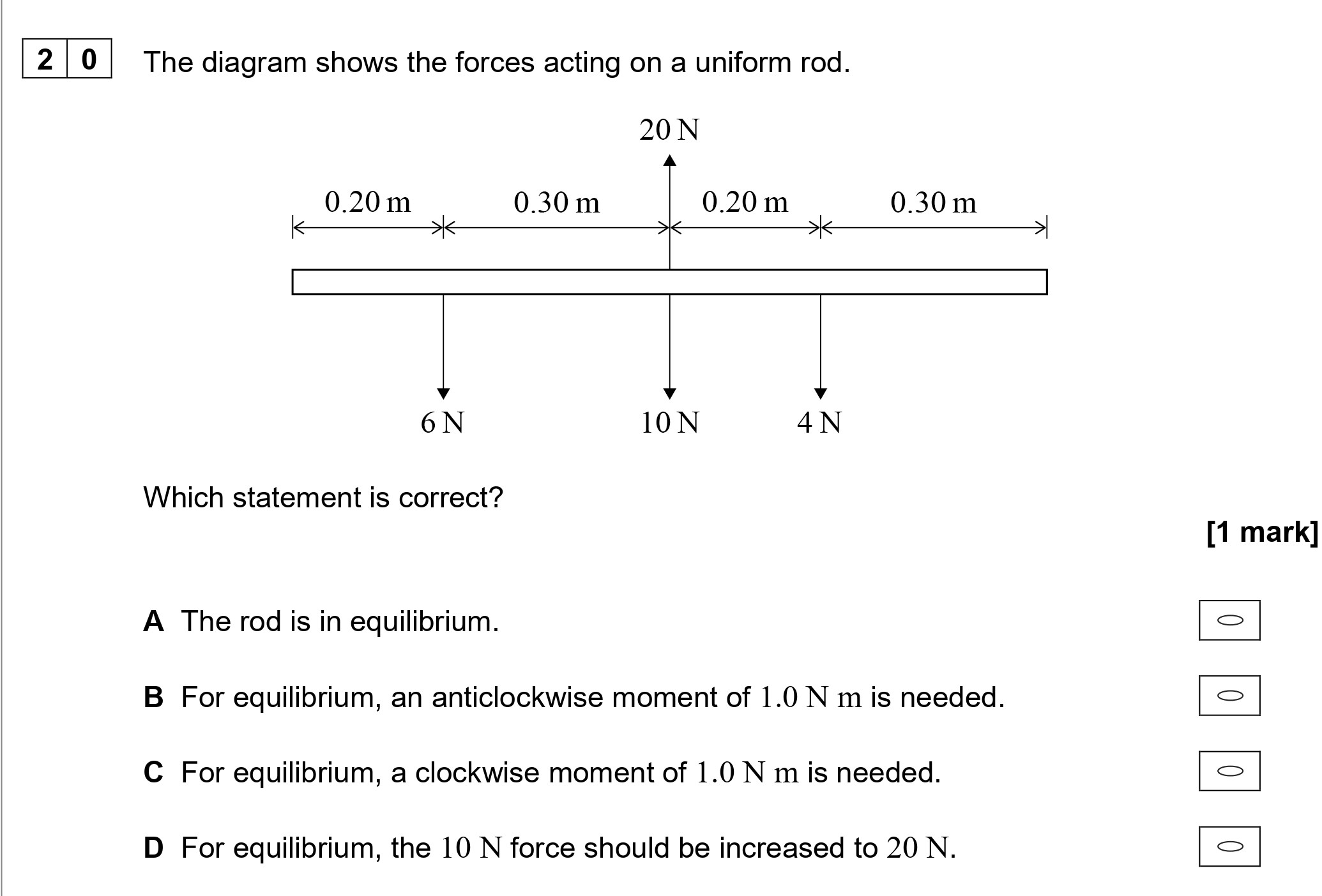 The-diagram-shows-the-forces-acting-on-a-uniform-rod-AQA-A-Level Physics-Question 20-2020-Paper 1.png