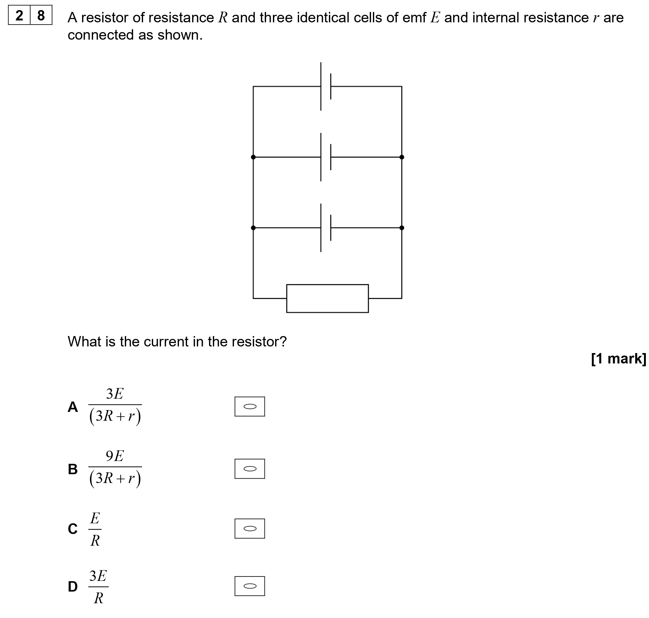 A-resistor-of-resistance-$R$-and-three-identical-cells-of-emf-$E$-and-internal-resistance-$r$-are-connected-as-shown-AQA-A-Level Physics-Question 28-2020-Paper 1.png
