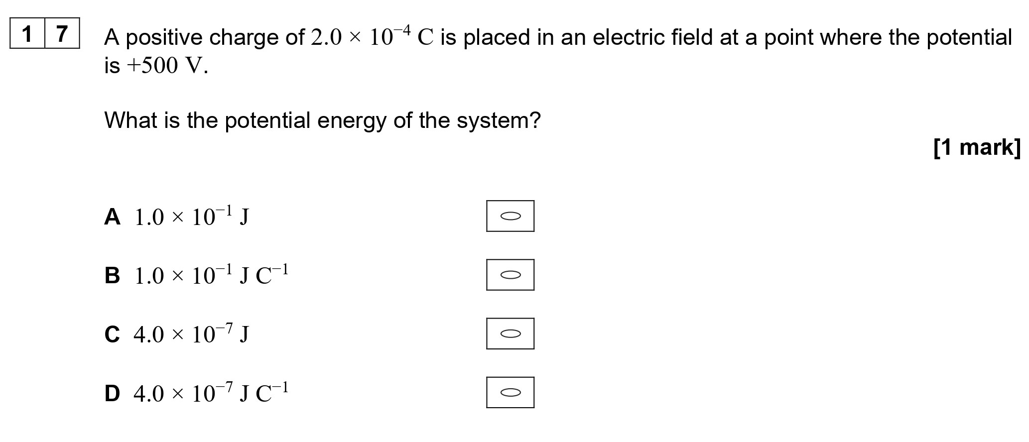 A-positive-charge-of-2.0-×-10⁻⁶-C-is-placed-in-an-electric-field-at-a-point-where-the-potential-is-+500-V-AQA-A-Level Physics-Question 17-2020-Paper 2.png