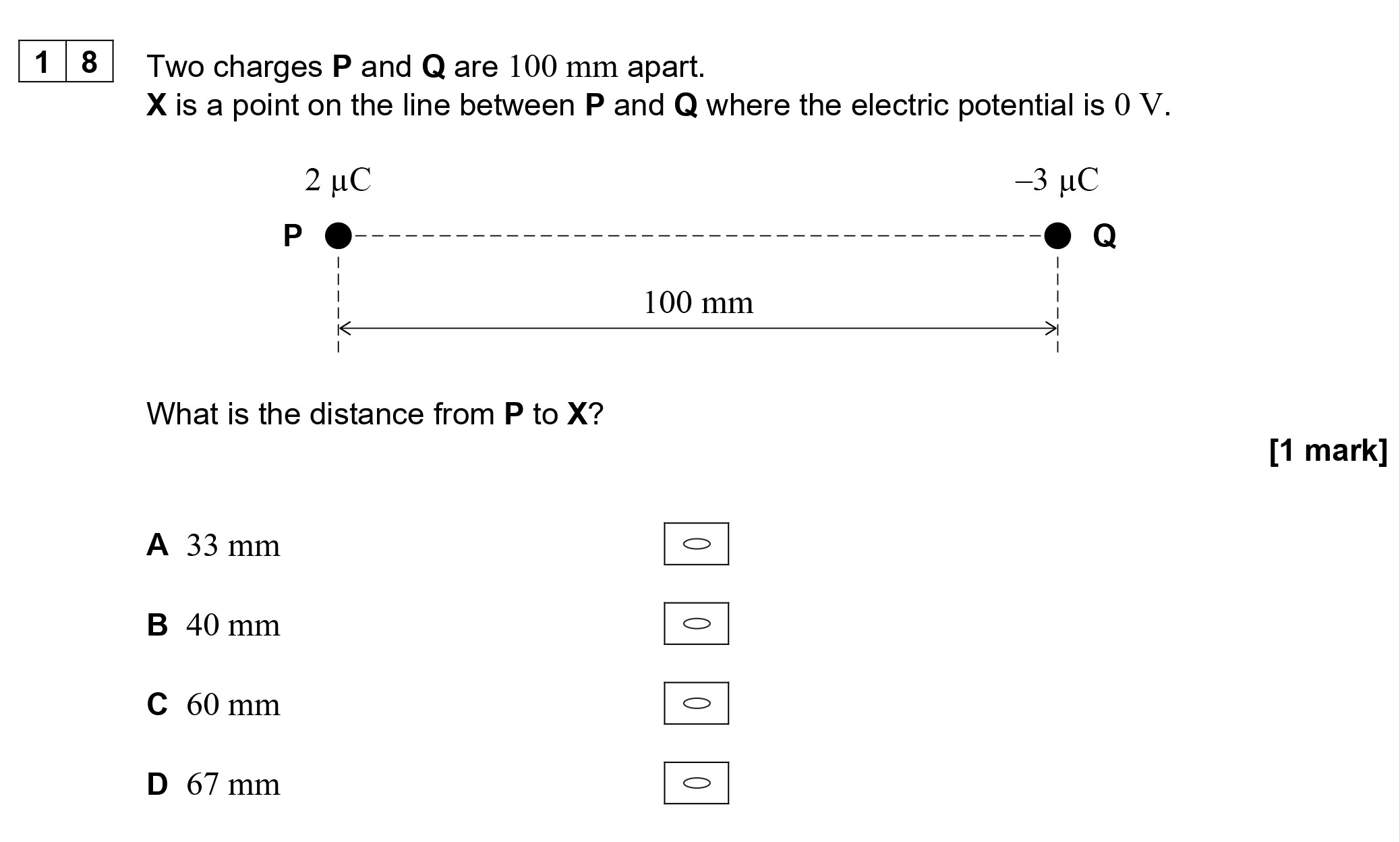 Two-charges-P-and-Q-are-100-mm-apart-AQA-A-Level Physics-Question 18-2020-Paper 2.png