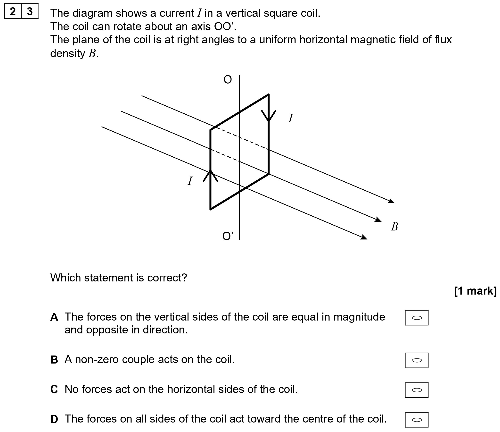 The-diagram-shows-a-current-I-in-a-vertical-square-coil-AQA-A-Level Physics-Question 23-2020-Paper 2.png