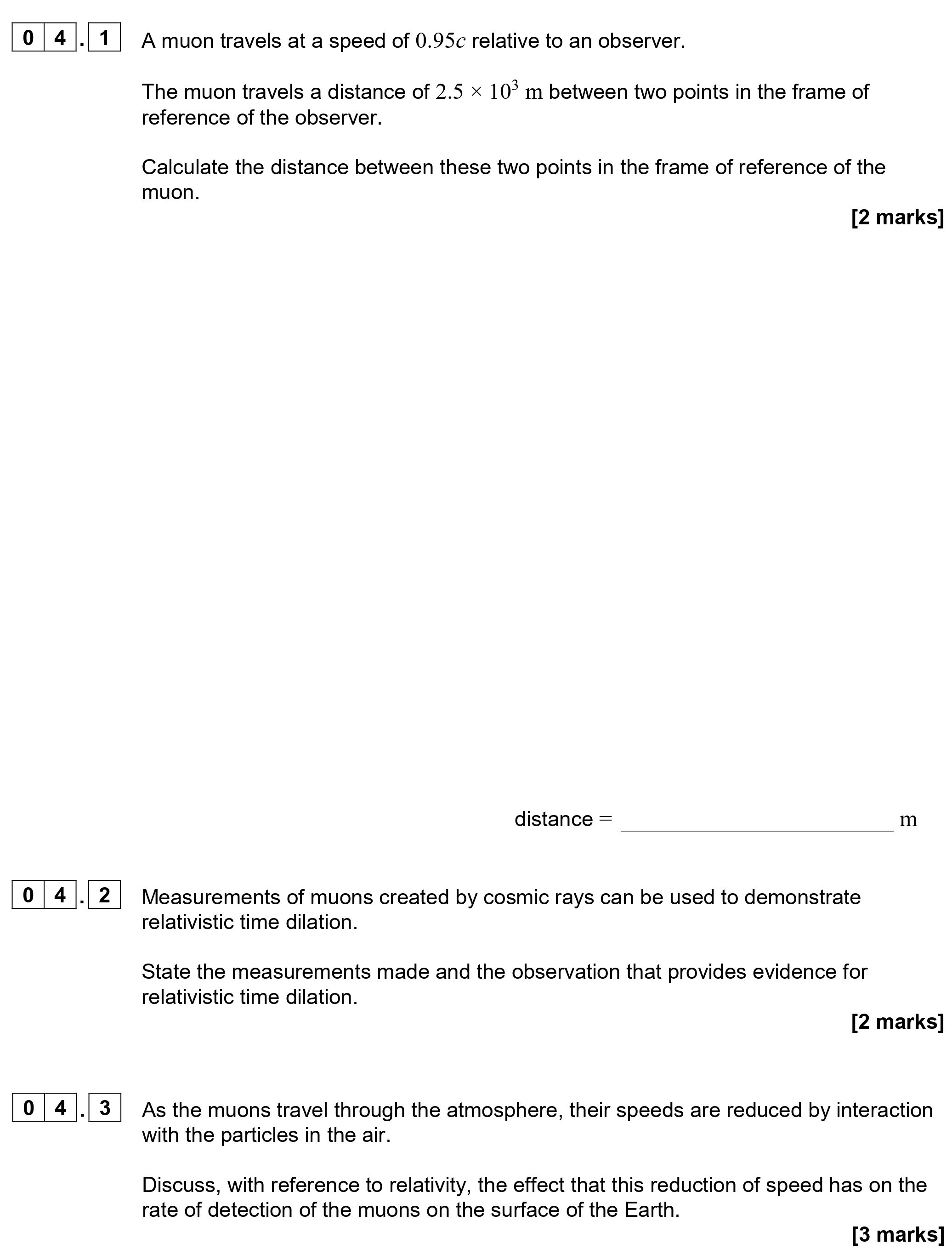 A-muon-travels-at-a-speed-of-0.95c-relative-to-an-observer-AQA-A-Level Physics-Question 4-2020-Paper 7.png