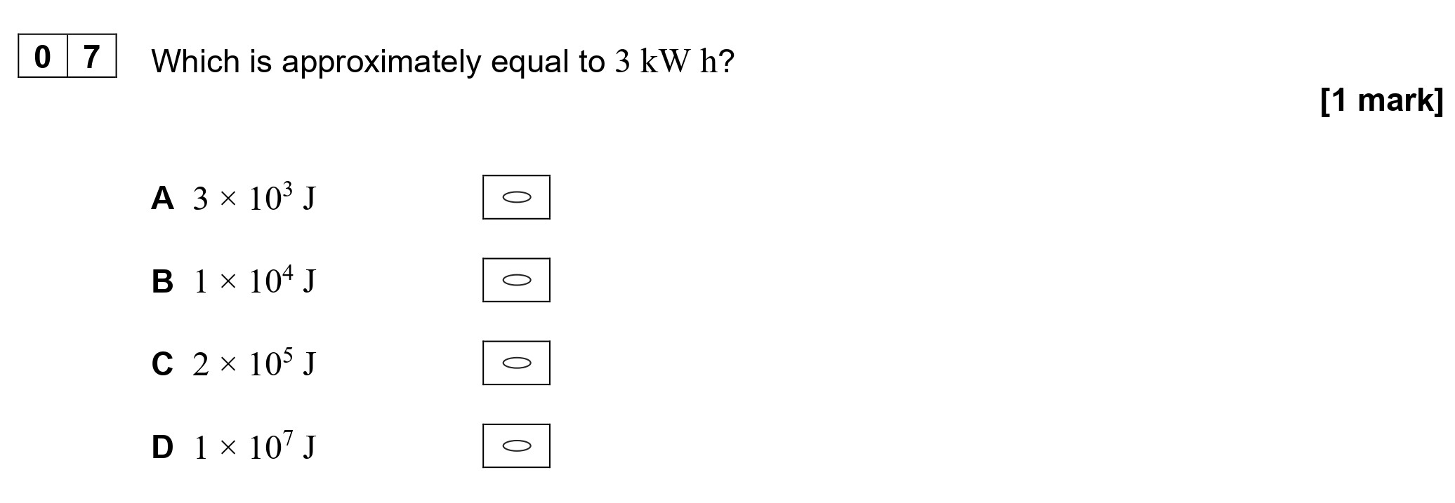 Which-is-approximately-equal-to-3-kW-h?--A-3-×-10³-J-B-1-×-10⁴-J-C-2-×-10⁵-J-D-1-×-10³-J-AQA-A-Level Physics-Question 7-2021-Paper 1.png