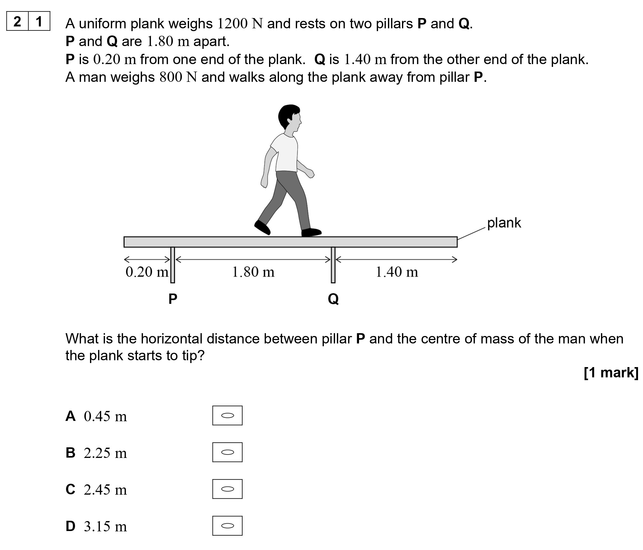 A-uniform-plank-weighs-1200-N-and-rests-on-two-pillars-P-and-Q-AQA-A-Level Physics-Question 21-2021-Paper 1.png
