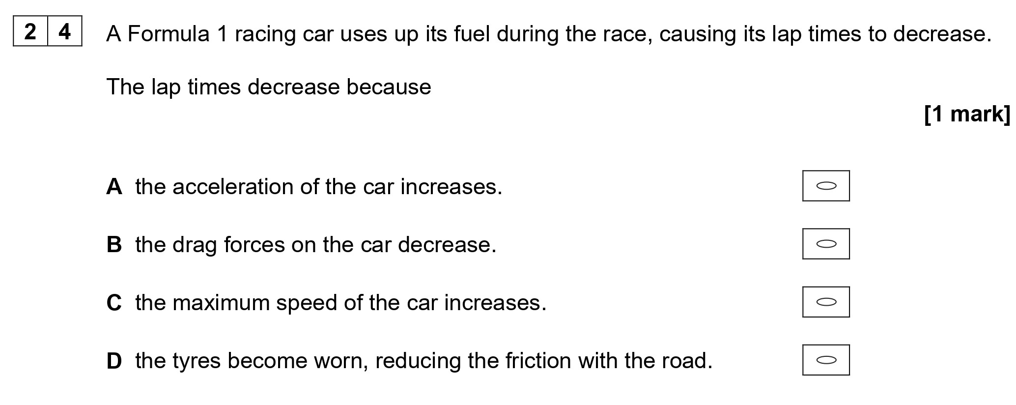 A-Formula-1-racing-car-uses-its-fuel-up-during-the-race,-causing-its-lap-times-to-decrease-AQA-A-Level Physics-Question 24-2021-Paper 1.png