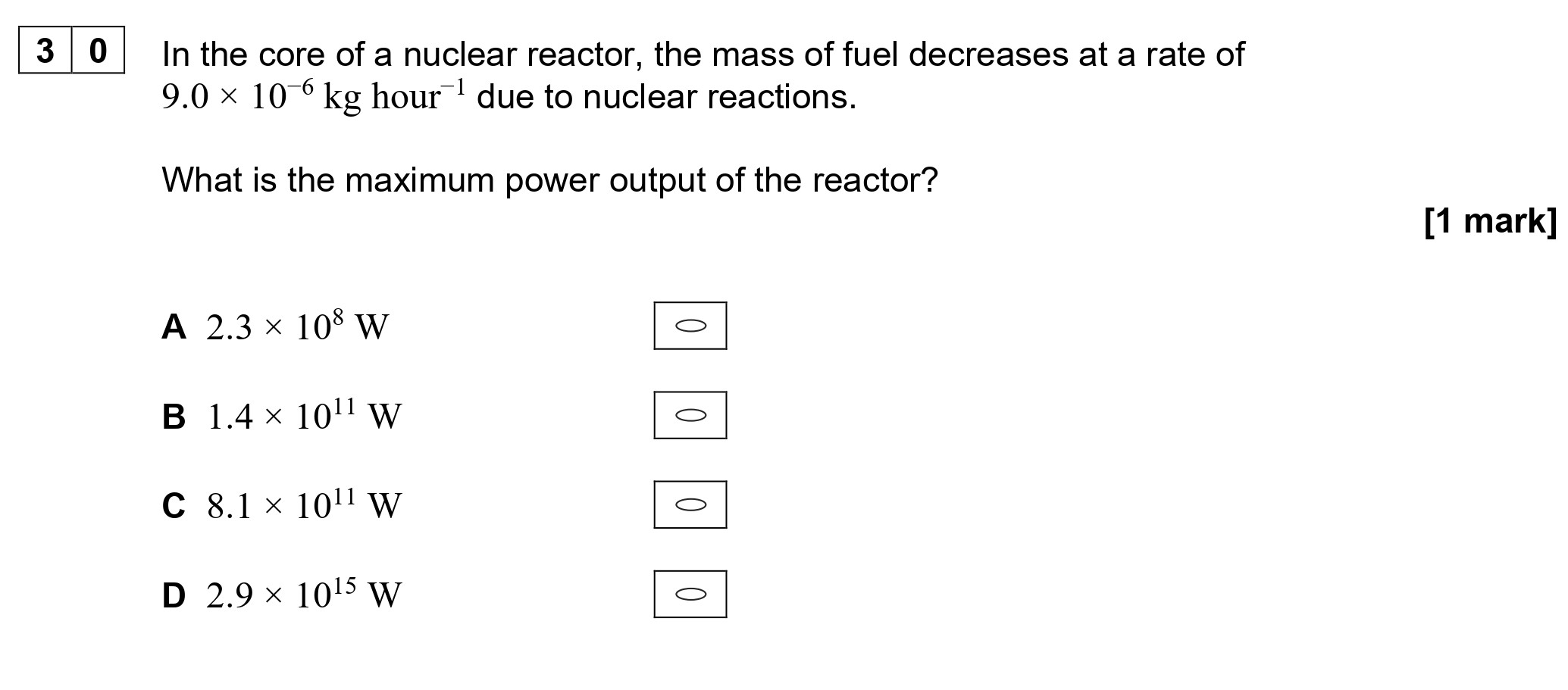 In-the-core-of-a-nuclear-reactor,-the-mass-of-fuel-decreases-at-a-rate-of-9.0-x-10^-6-kg-hour^-1-due-to-nuclear-reactions-AQA-A-Level Physics-Question 30-2021-Paper 2.png