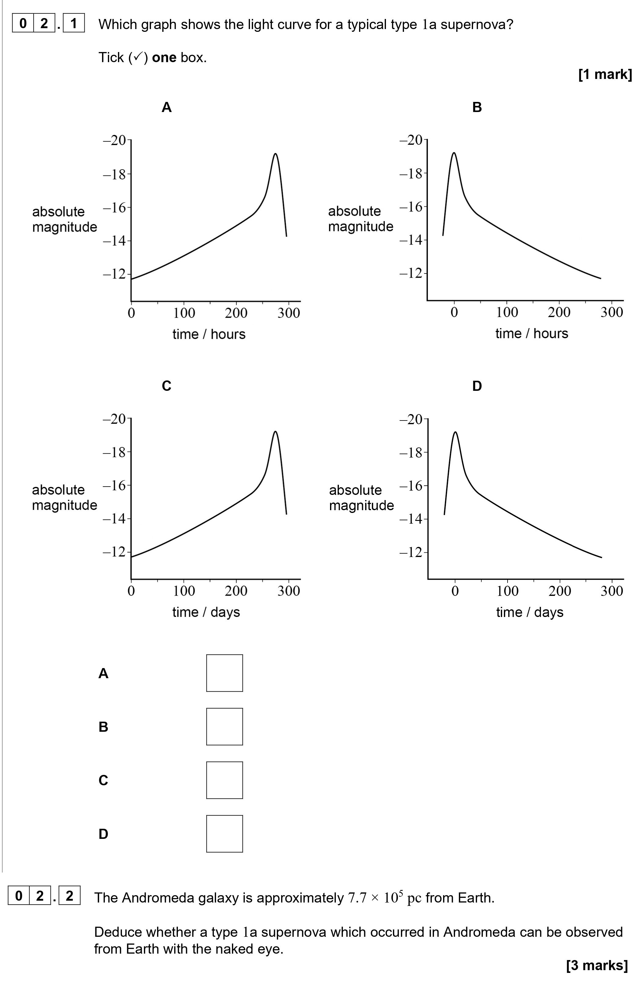 Which-graph-shows-the-light-curve-for-a-typical-type-1a-supernova?---Tick-(✓)-one-box-AQA-A-Level Physics-Question 2-2021-Paper 4.png