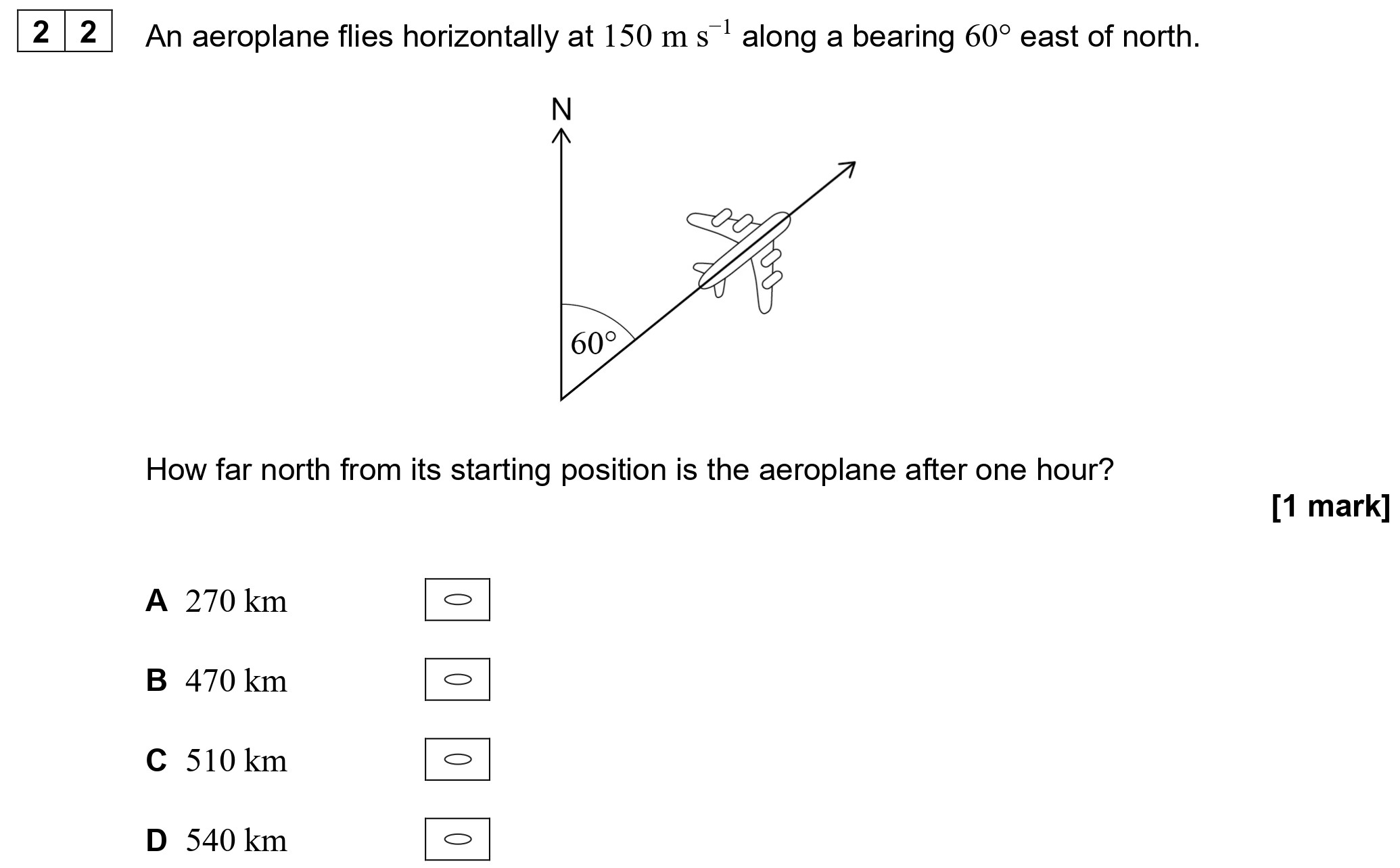 An-aeroplane-flies-horizontally-at-150-m-s⁻¹-along-a-bearing-60°-east-of-north-AQA-A-Level Physics-Question 22-2022-Paper 1.png