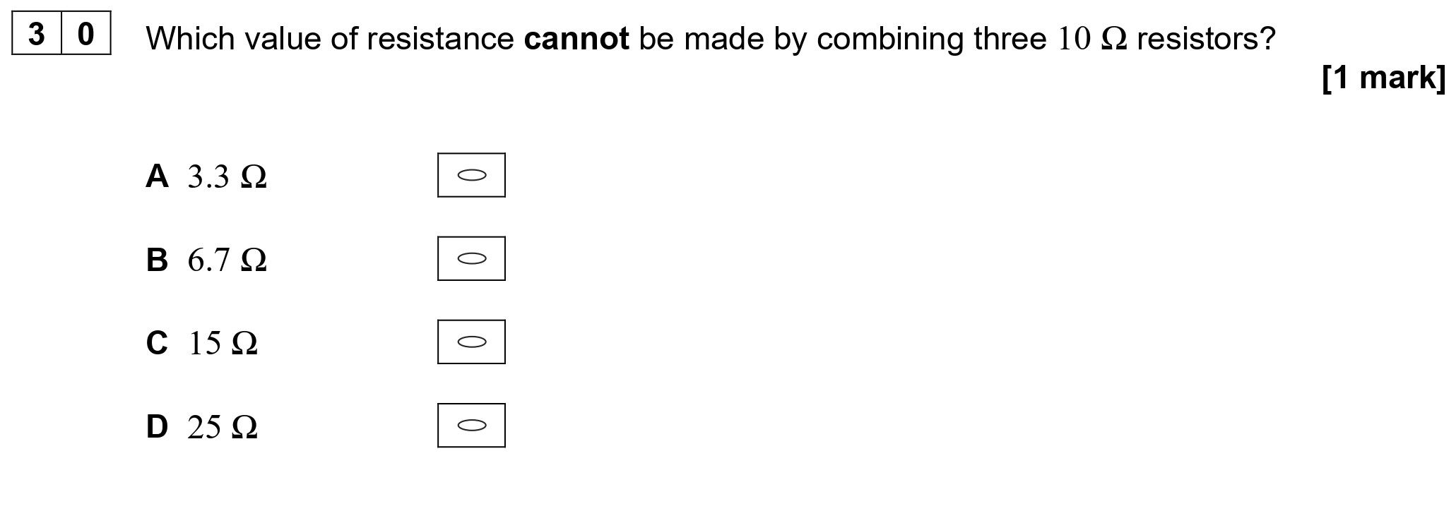 Which-value-of-resistance-cannot-be-made-by-combining-three-10-Ω-resistors?--A-3.3-Ω--B-6.7-Ω--C-15-Ω--D-25-Ω-AQA-A-Level Physics-Question 30-2022-Paper 1.png
