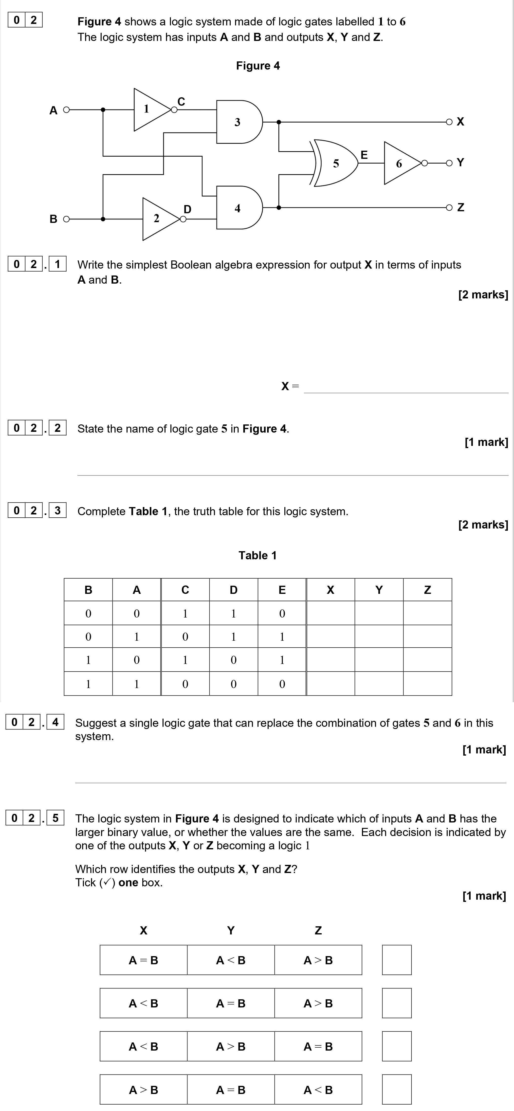 Figure-4-shows-a-logic-system-made-of-logic-gates-labelled-1-to-6-The-logic-system-has-inputs-A-and-B-and-outputs-X,-Y-and-Z-AQA-A-Level Physics-Question 2-2022-Paper 8.png