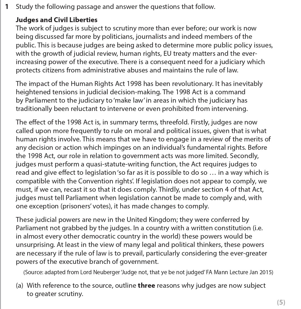 With-reference-to-the-source,-outline-three-reasons-why-judges-are-now-subject-to-greater-scrutiny-Edexcel-A-Level Politics-Question 1-2017-Paper 2.png