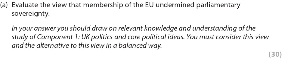Evaluate-the-view-that-membership-of-the-EU-undermined-parliamentary-sovereignty-Edexcel-A-Level Politics-Question 2-2019-Paper 2.png