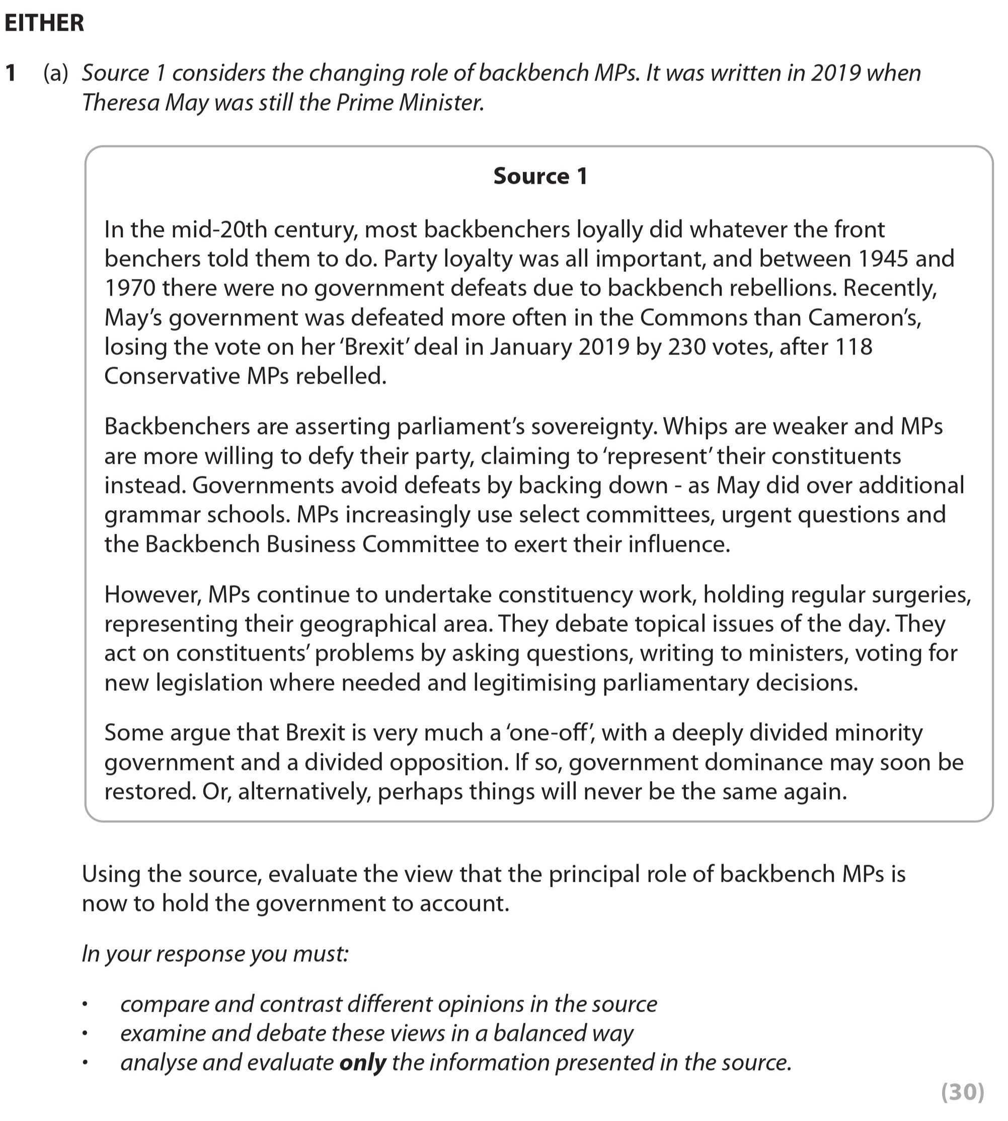 Using-the-source,-evaluate-the-view-that-the-principal-role-of-backbench-MPs-is-now-to-hold-the-government-to-account-Edexcel-A-Level Politics-Question 1-2020-Paper 2.png