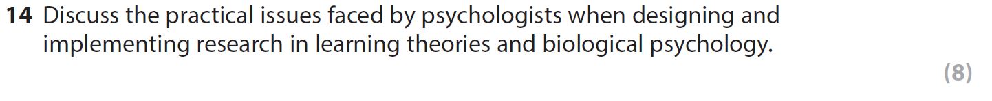 Discuss-the-practical-issues-faced-by-psychologists-when-designing-and-implementing-research-in-learning-theories-and-biological-psychology.--AQA-A-Level Psychology-Question 14-2018-Paper 1.png