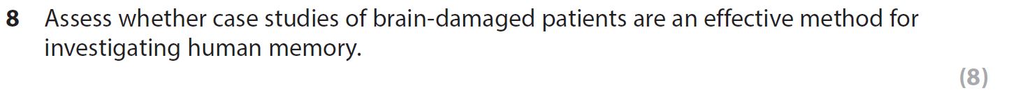 Assess-whether-case-studies-of-brain-damaged-patients-are-an-effective-method-for-investigating-human-memory.--AQA-A-Level Psychology-Question 8-2020-Paper 1.png