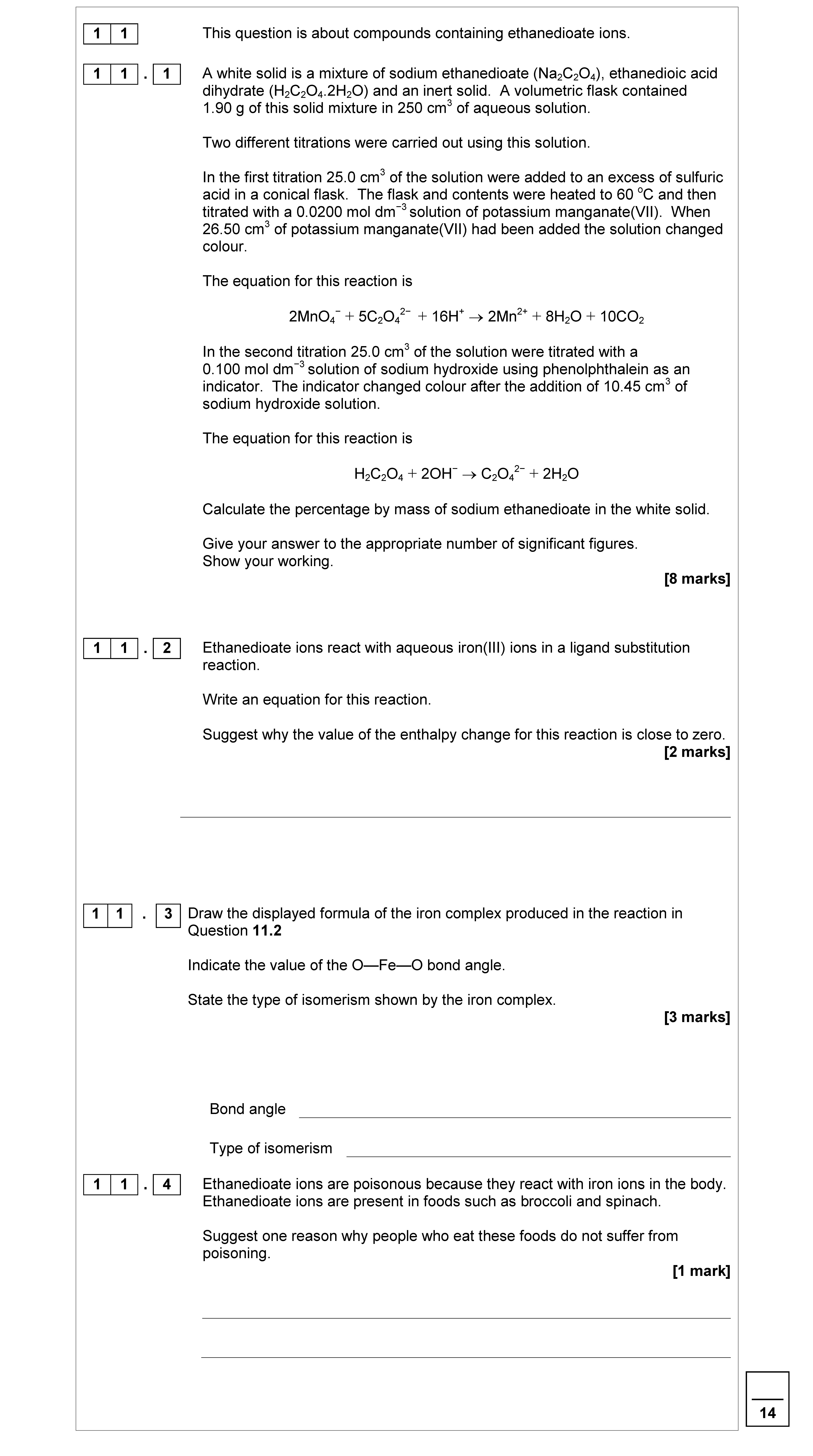 A-white-solid-is-a-mixture-of-sodium-ethaneiodate-(Na2C2O4),-ethanoic-acid-dihydrate-(H2C2O4·2H2O)-and-an-insol-AQA-A-Level Chemistry-Question 11-2017-Paper 1.png
