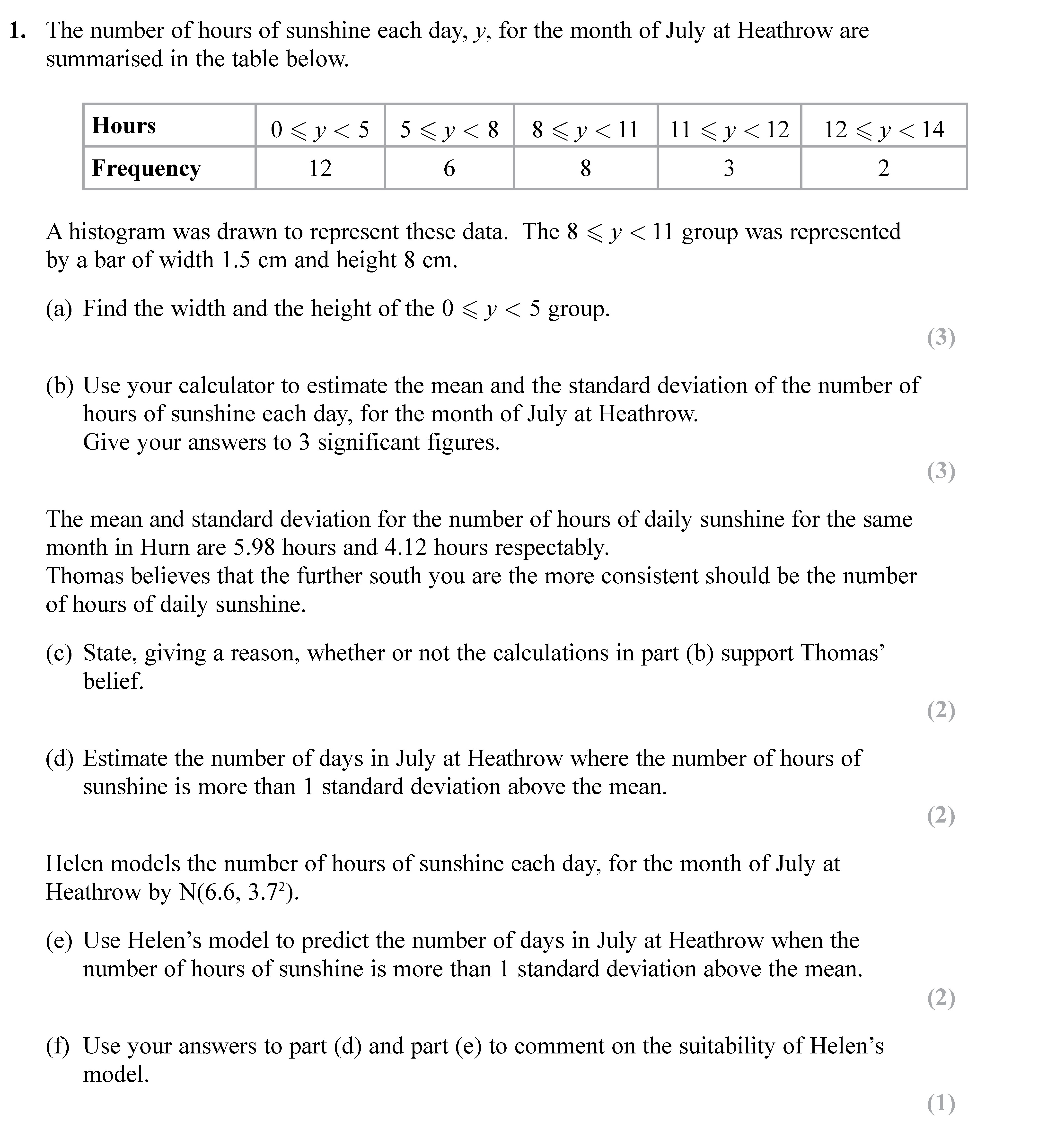 The-number-of-hours-of-sunshine-each-day,-y,-for-the-month-of-July-at-Heathrow-are-summarised-in-the-table-below-Edexcel-A-Level Maths Statistics-Question 1-2017-Paper 2.png