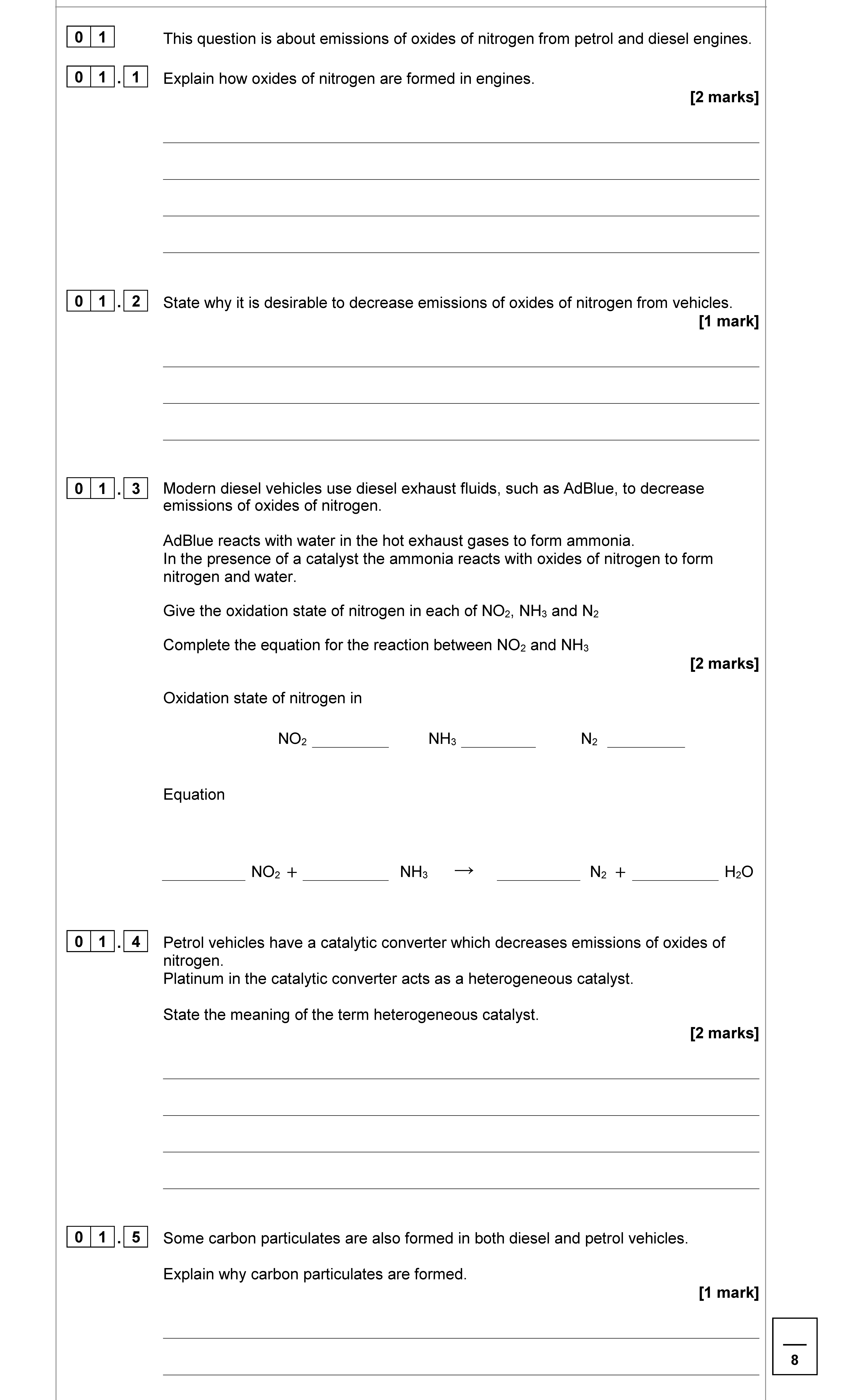 This-question-is-about-emissions-of-oxides-of-nitrogen-from-petrol-and-diesel-engines-AQA-A-Level Chemistry-Question 1-2020-Paper 3.png