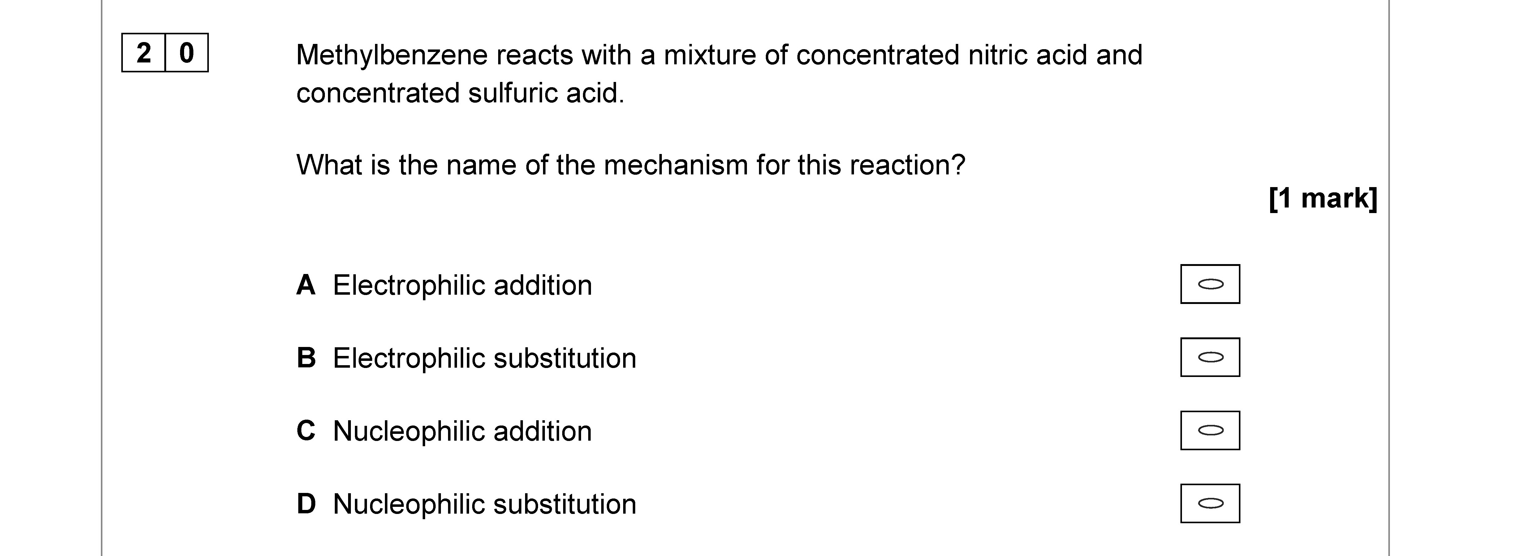 Methylbenzene-reacts-with-a-mixture-of-concentrated-nitric-acid-and-concentrated-sulfuric-acid-AQA-A-Level Chemistry-Question 20-2019-Paper 3.png