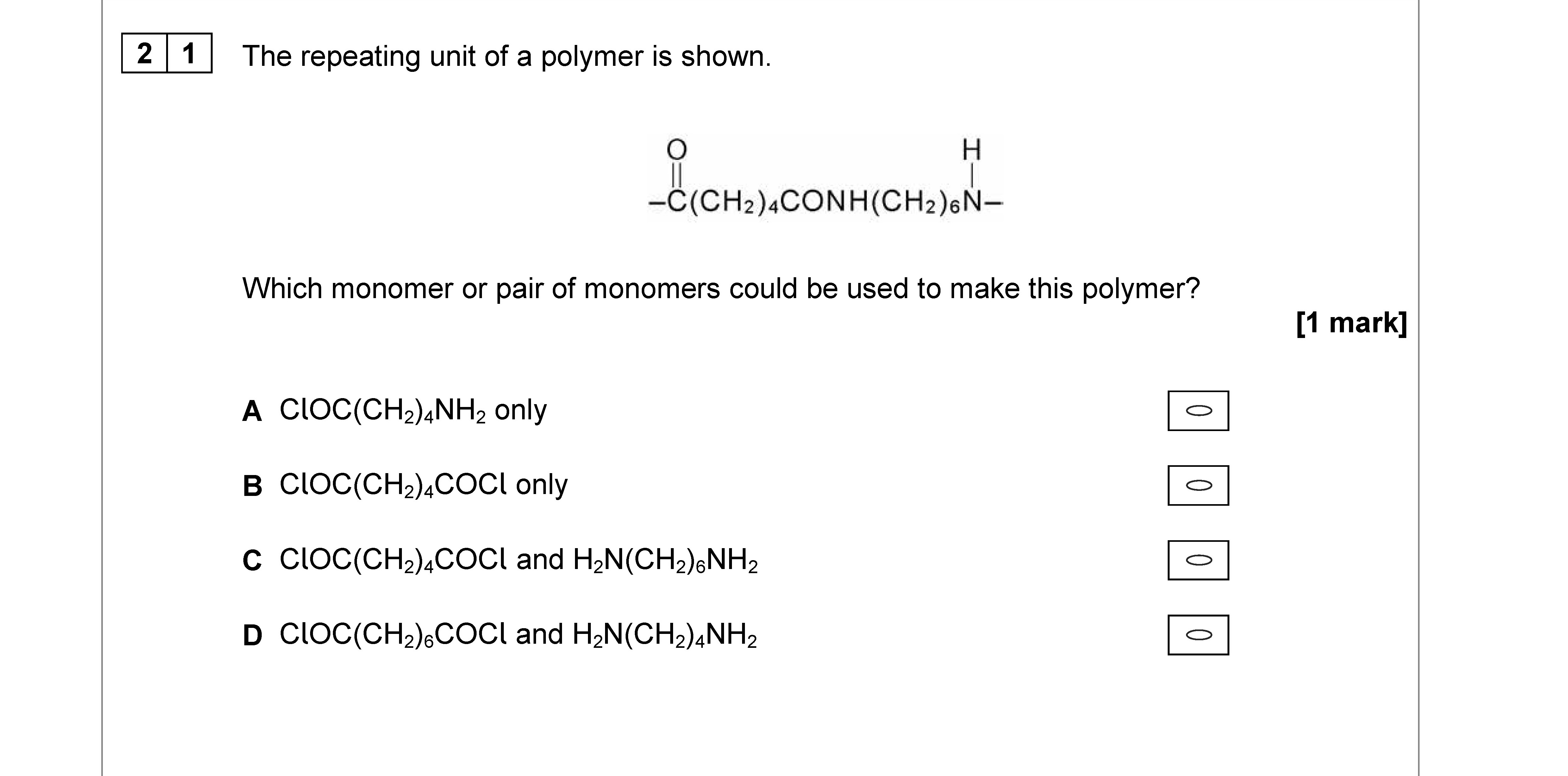 The-repeating-unit-of-a-polymer-is-shown-AQA-A-Level Chemistry-Question 21-2018-Paper 3.png