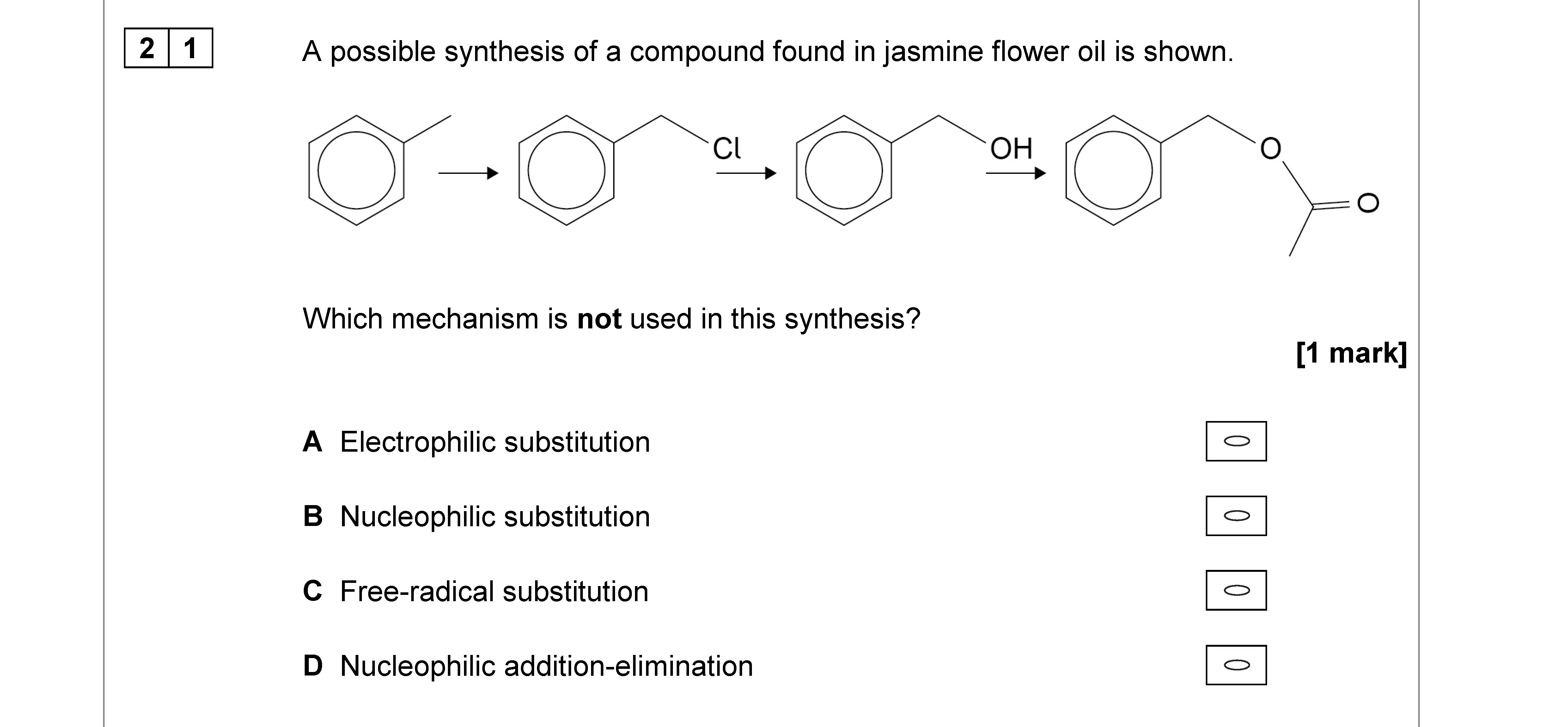 A-possible-synthesis-of-a-compound-found-in-jasmine-flower-oil-is-shown-AQA-A-Level Chemistry-Question 21-2019-Paper 3.png