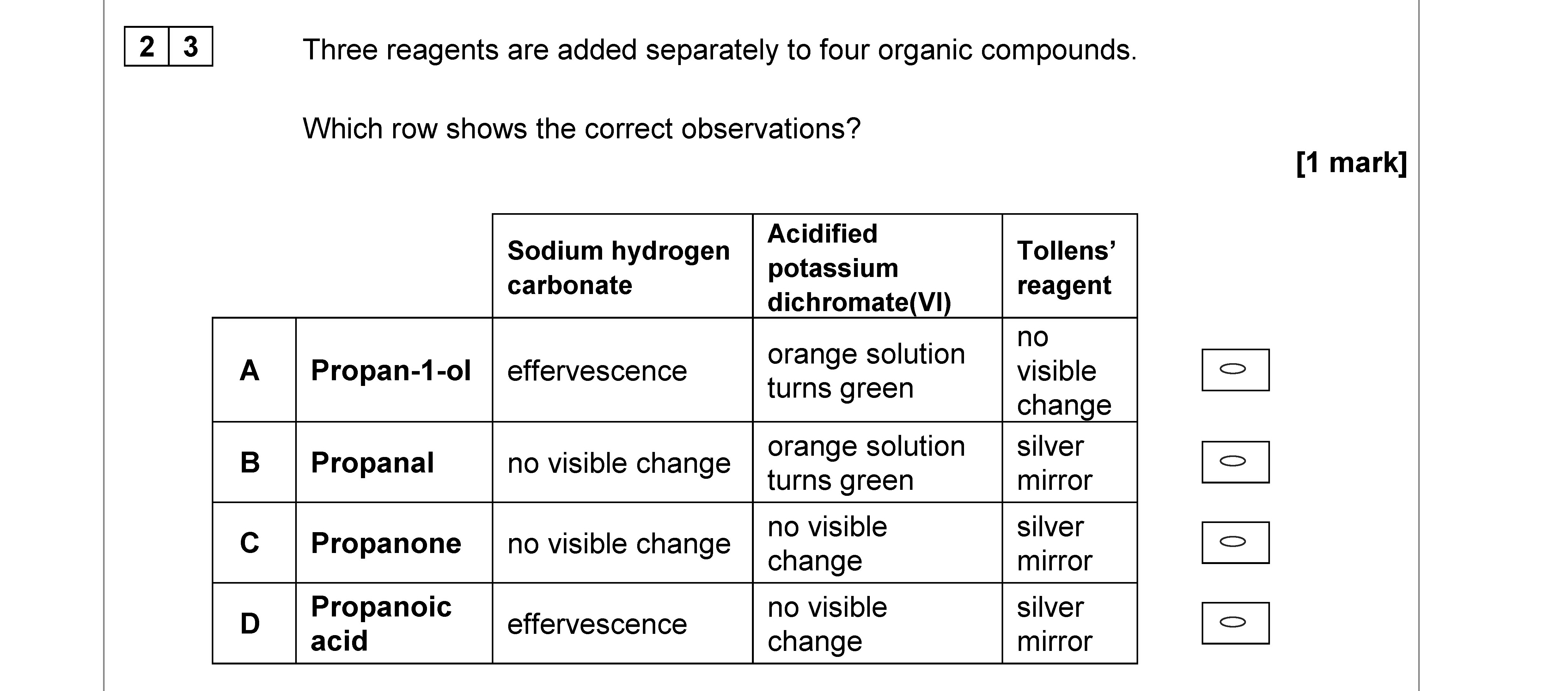 Three-reagents-are-added-separately-to-four-organic-compounds-AQA-A-Level Chemistry-Question 23-2019-Paper 3.png