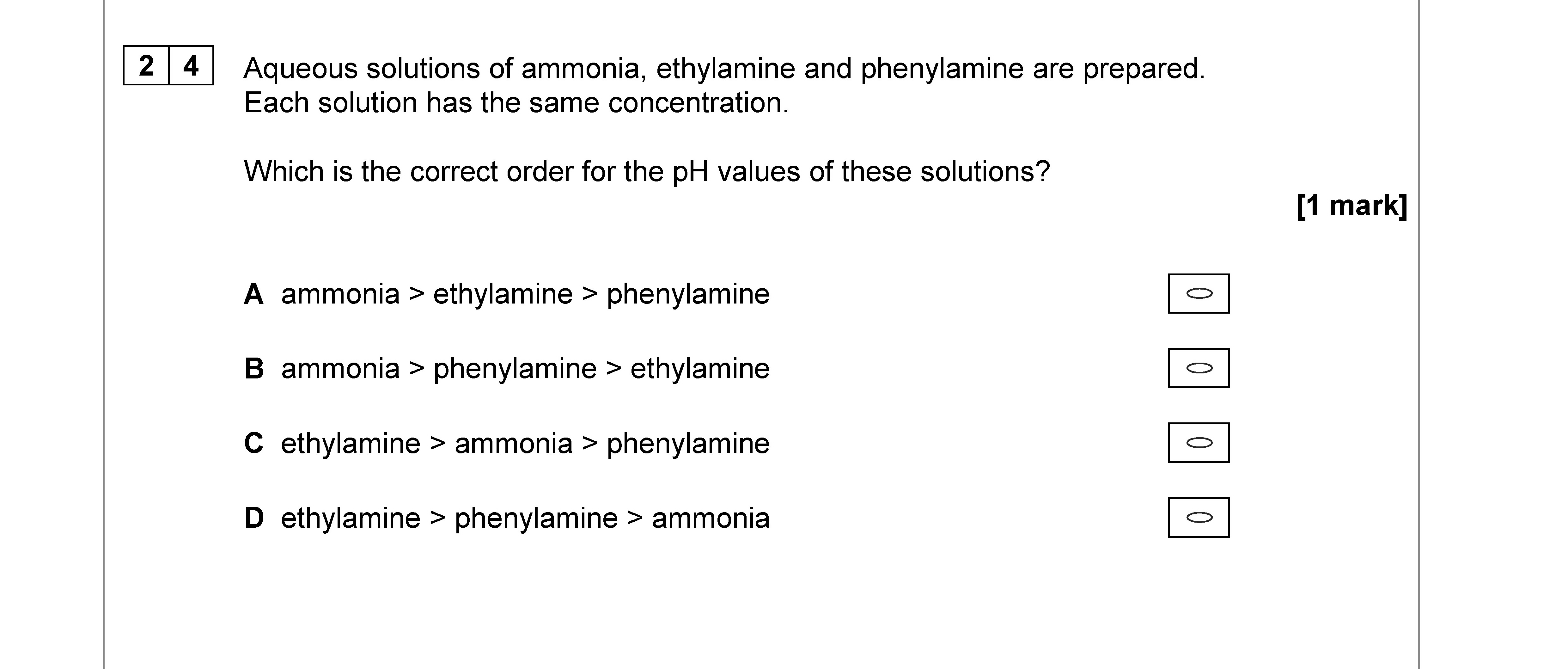 Aqueous-solutions-of-ammonia,-ethylamine-and-phenylamine-are-prepared-AQA-A-Level Chemistry-Question 24-2018-Paper 3.png