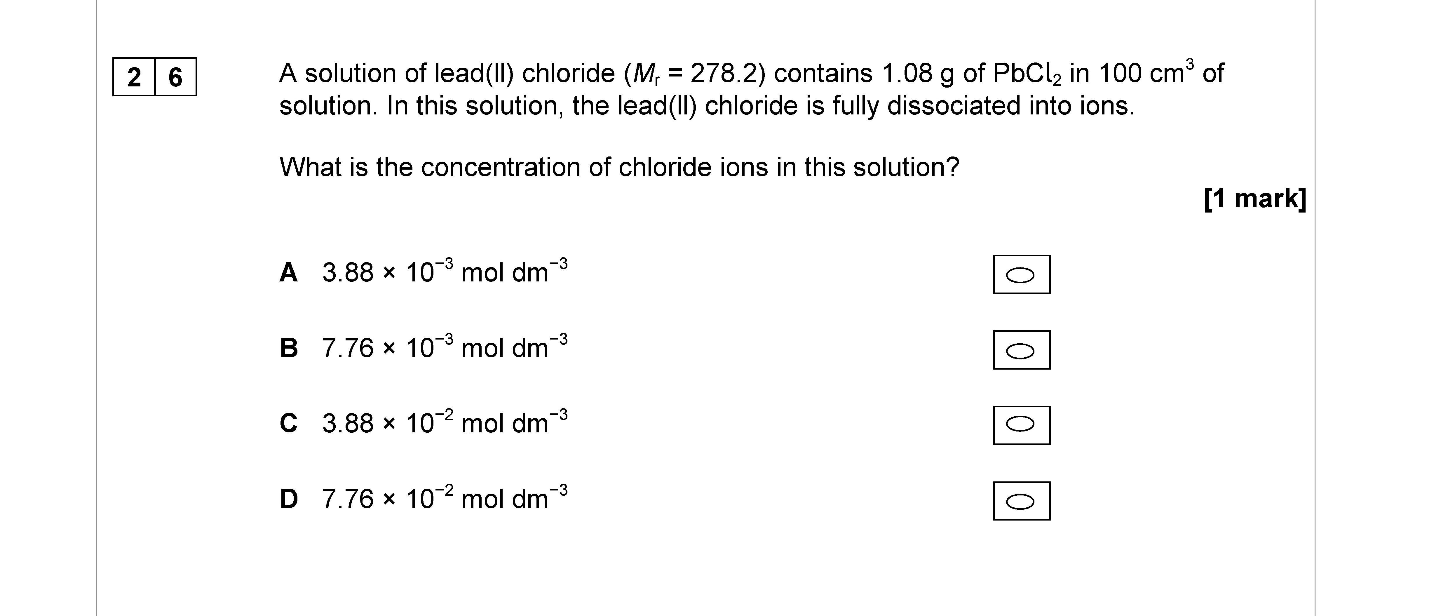 A-solution-of-lead(II)-chloride-(M_r-=-278.2)-contains-1.08-g-of-PbCl₂-in-100-cm³-of-solution-AQA-A-Level Chemistry-Question 26-2017-Paper 3.png